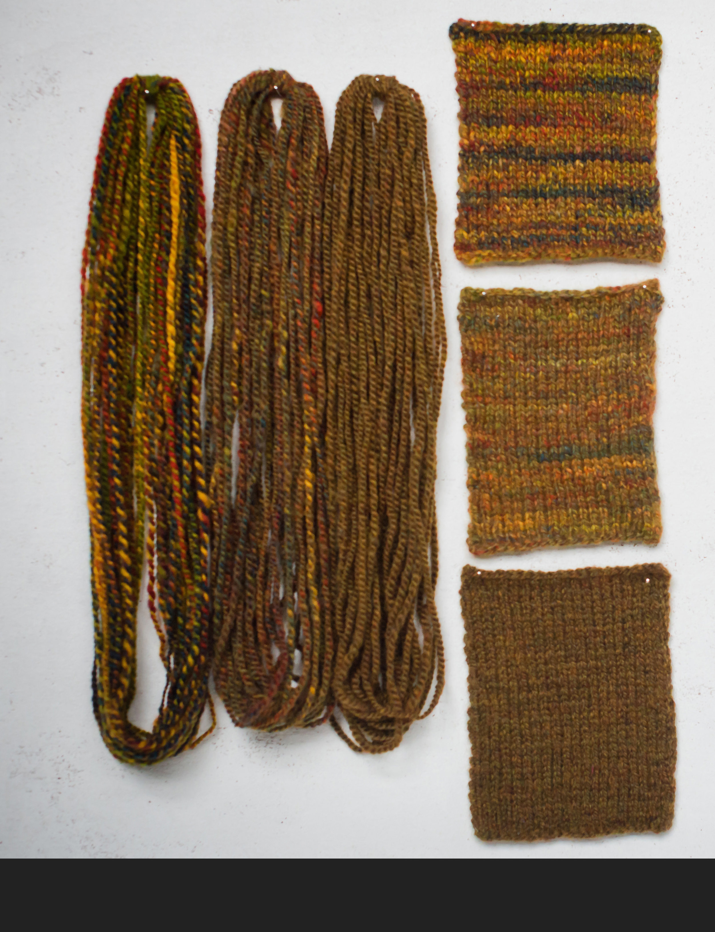 See how each technique looks when applied to a single top in both a skein of handspun and a knitted swatch.