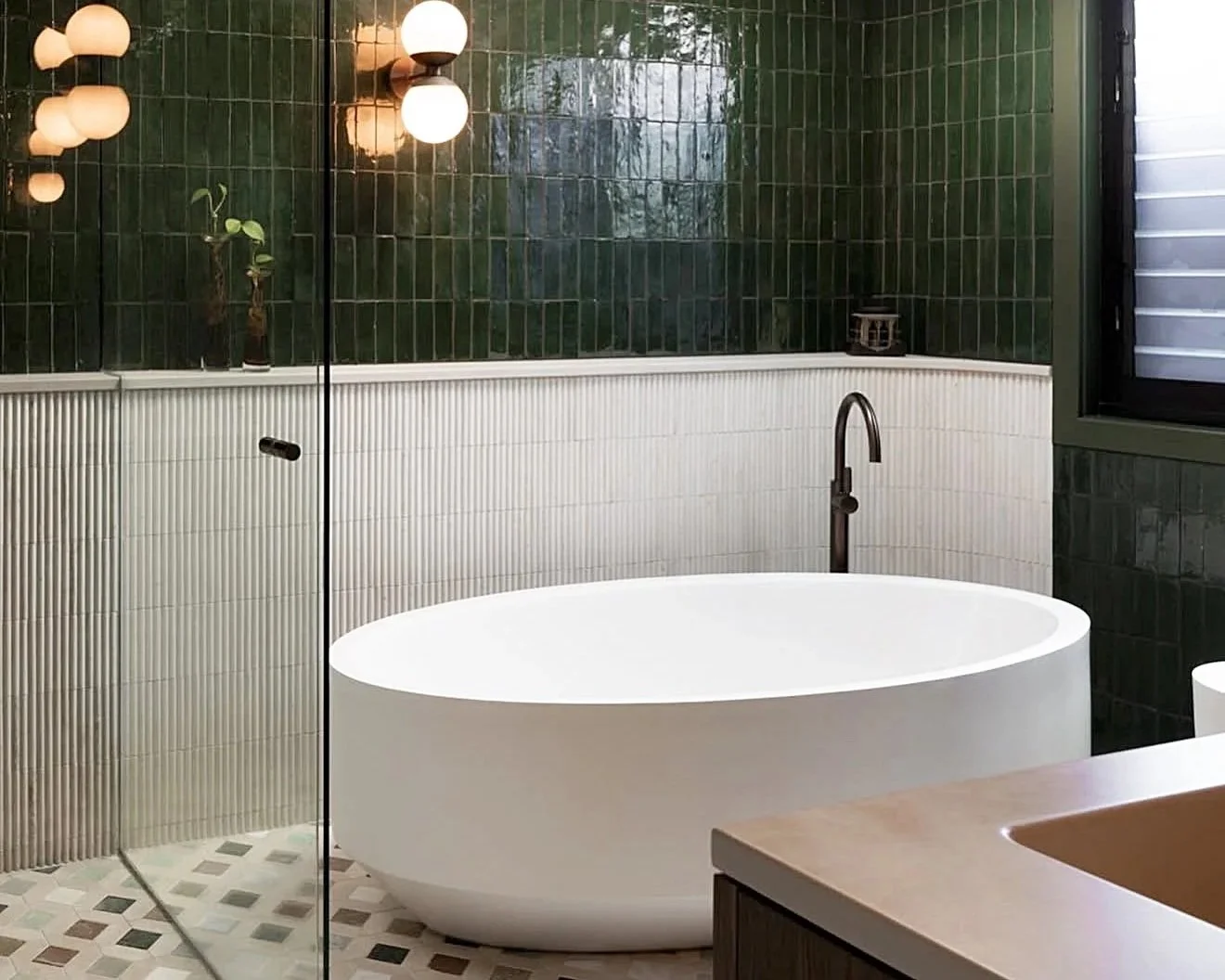 natural stone mosaic floor, fluted travertine, bespoke bathroom, luxury