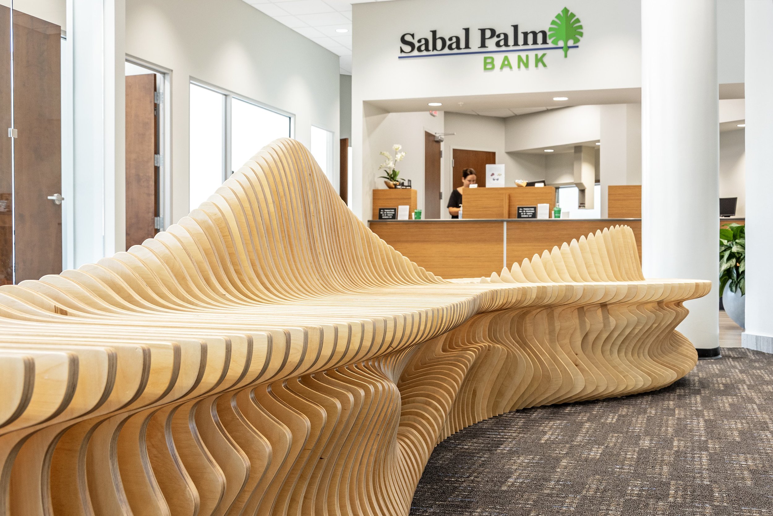 Parametric CNC Bench in Sabal Palm Bank Lobby - perspective view