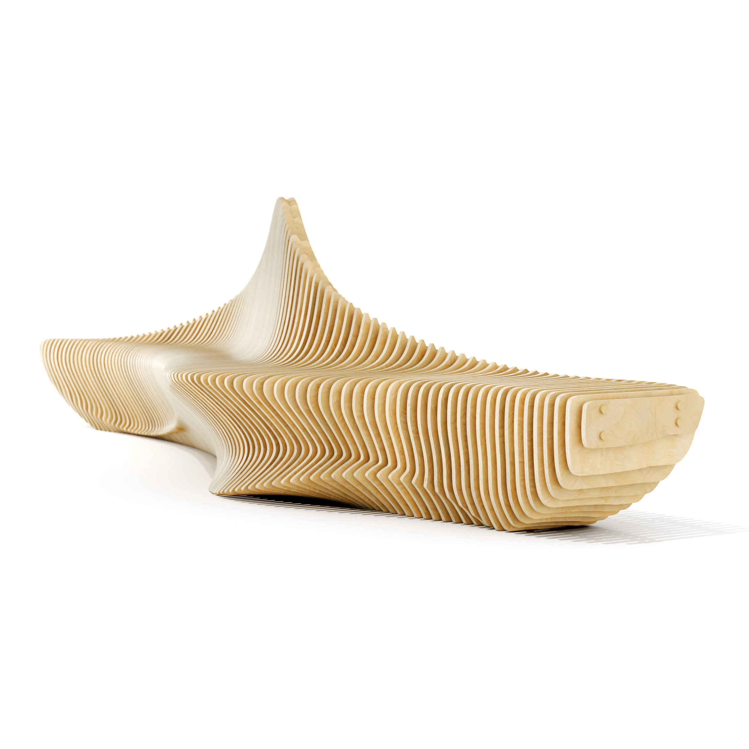 A wooden sculptural lobby bench consisting of multiple thin, curved, asymmetrical plywood slats arranged in a flowing, wave-like form in 'parametric' style.