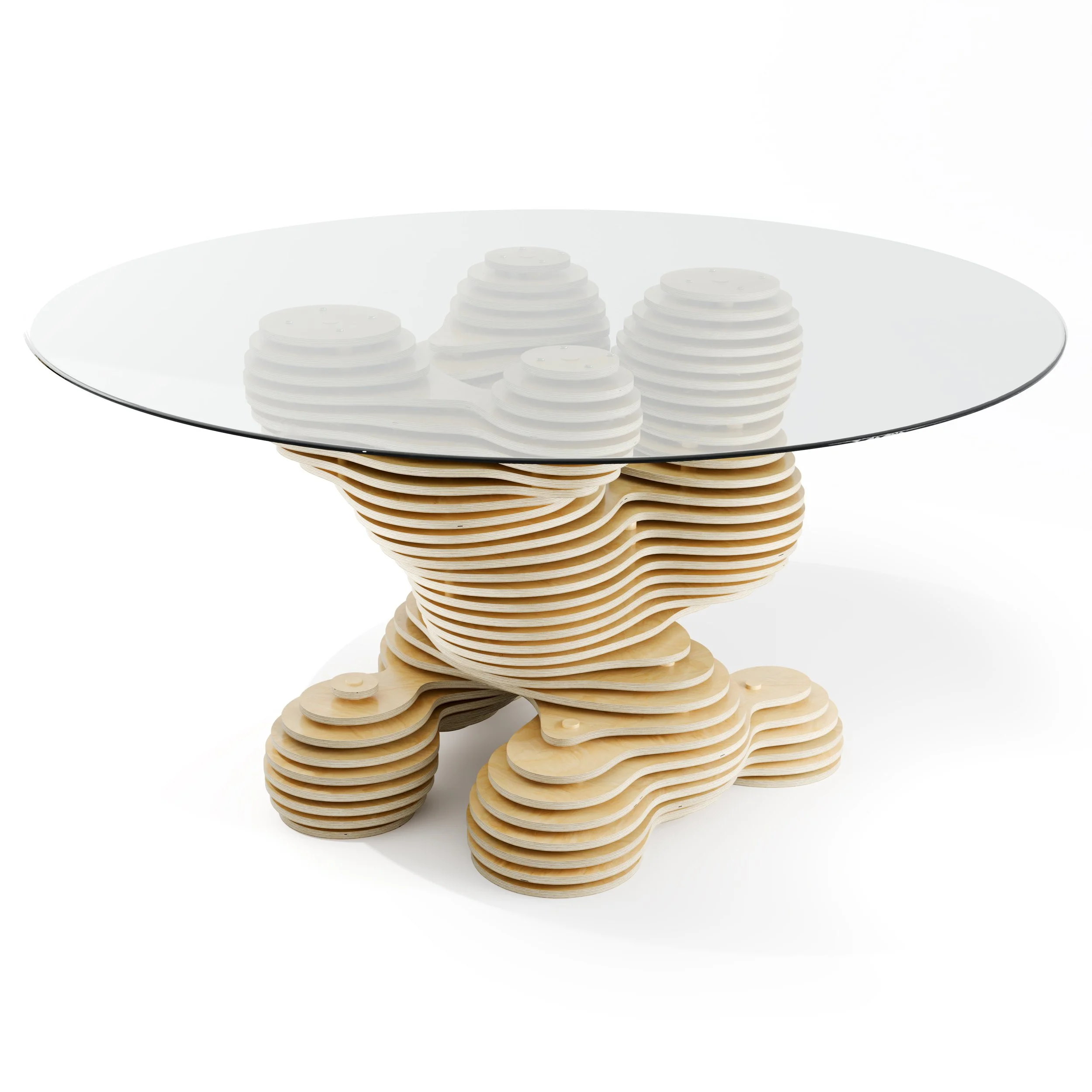 A round glass-topped parametric table featuring a base constructed from stacked, light-colored wooden layers. The base has a complex, organic, multi-tiered shape that supports the circular transparent glass surface from underneath.