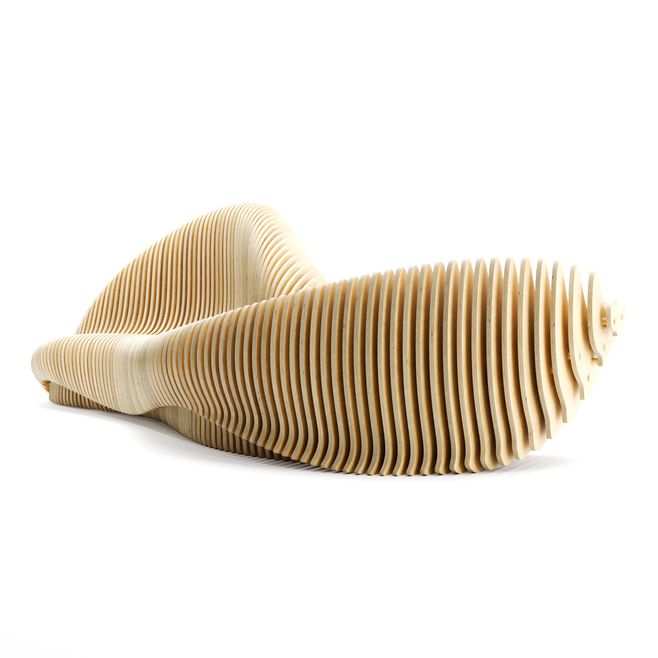 A low angle of a wooden wave sculptural bench made in parametric style from plywood with repetitive curved, vertical slats, as a designer piece made by Terraform company designer Nick ODonnell.