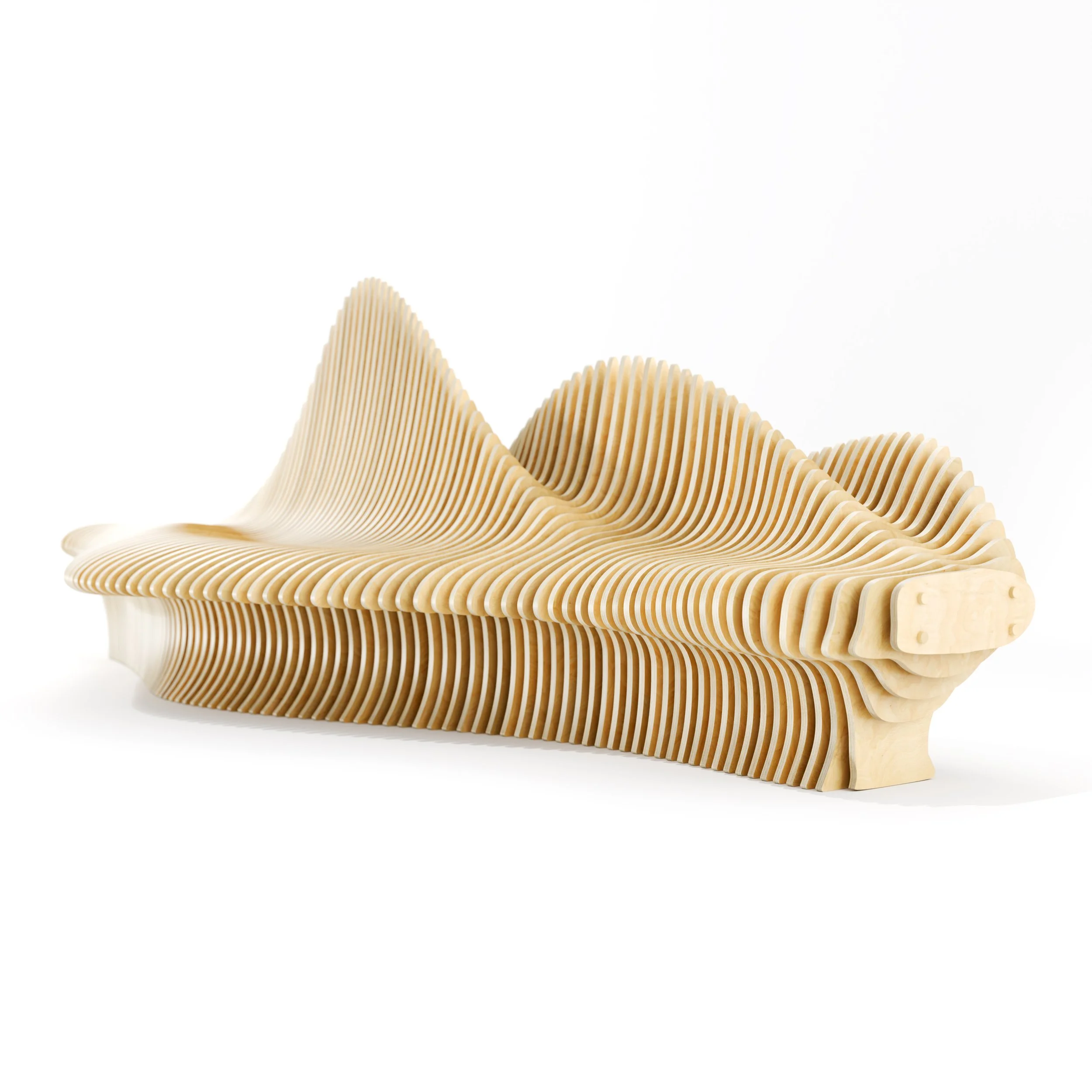 Close-up of a modern wooden wave-like sculptural parametric bench made of evenly spaced wooden slats on a white background.