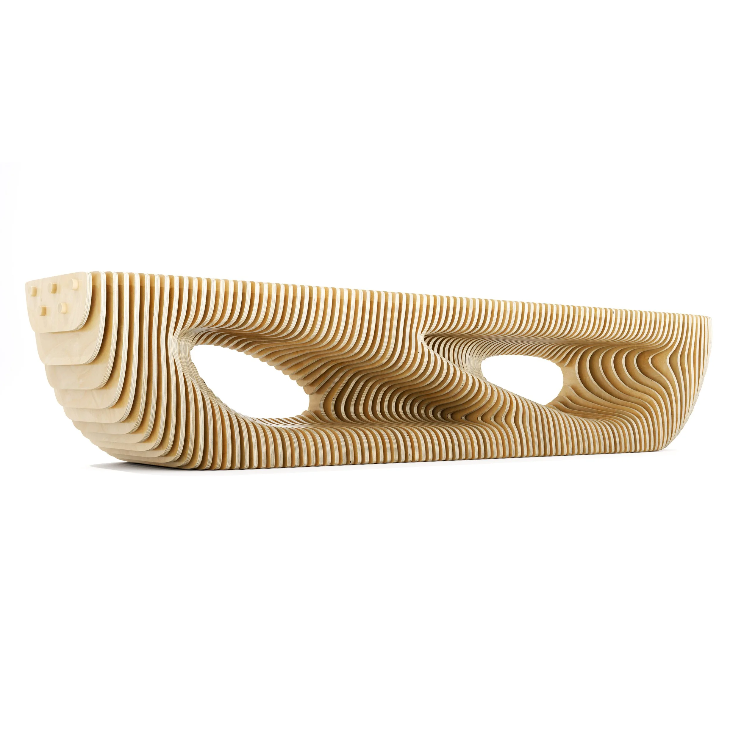a low profile modern wooden bench made in parametric style with two hollow openings below the seat rest area, as a designer piece made by Terraform company designer Nick ODonnell.