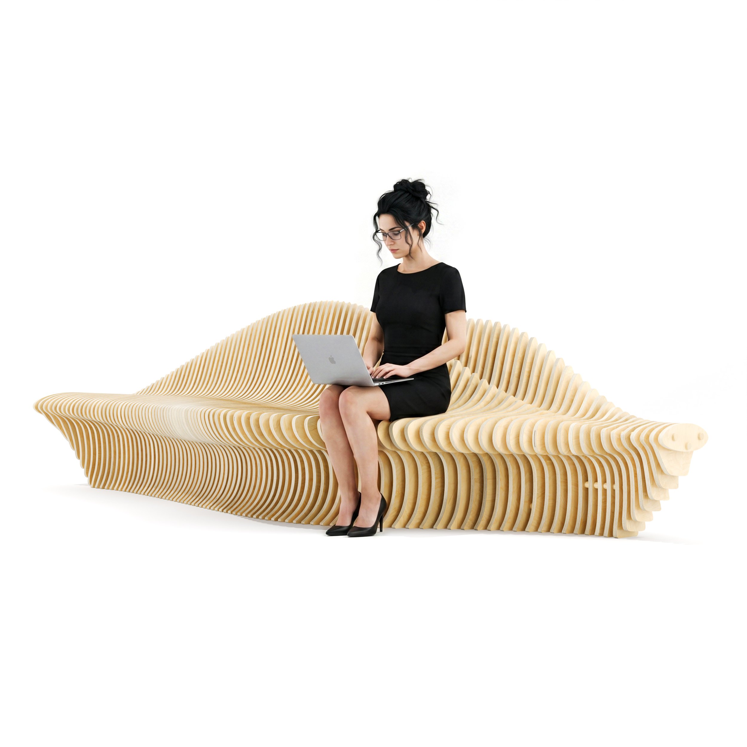 A woman wearing glasses and a black dress sitting on a modern wooden bench made in a parametric style while working on a laptop.