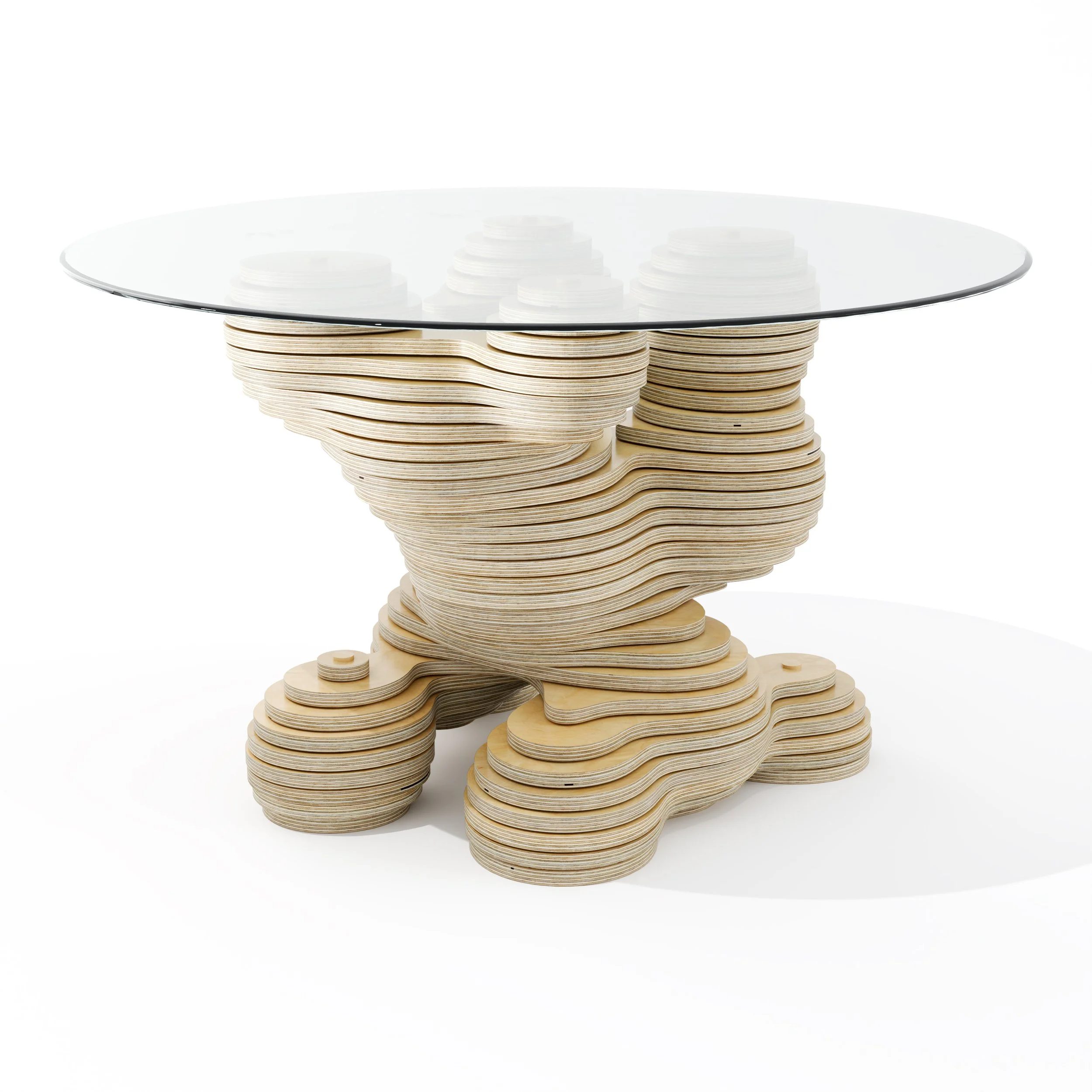 A round glass-topped parametric table featuring a base constructed from stacked, light-colored wooden layers. The base has a complex, organic, multi-tiered shape that supports the circular transparent glass surface from underneath.