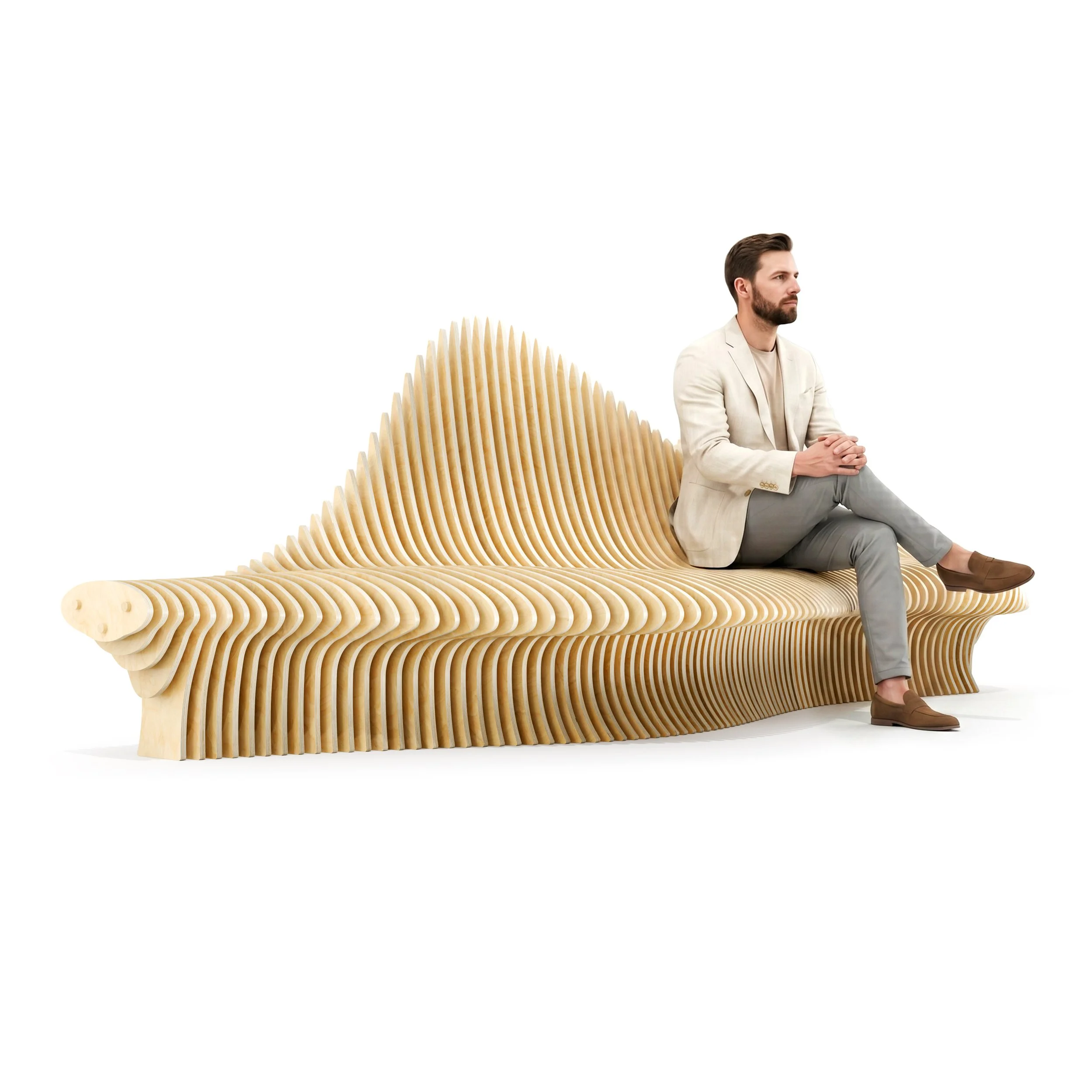 A man in a beige blazer and gray pants sitting on a large uniquely designed wooden lobby bench made of layered curved wooden slats, with a white background.