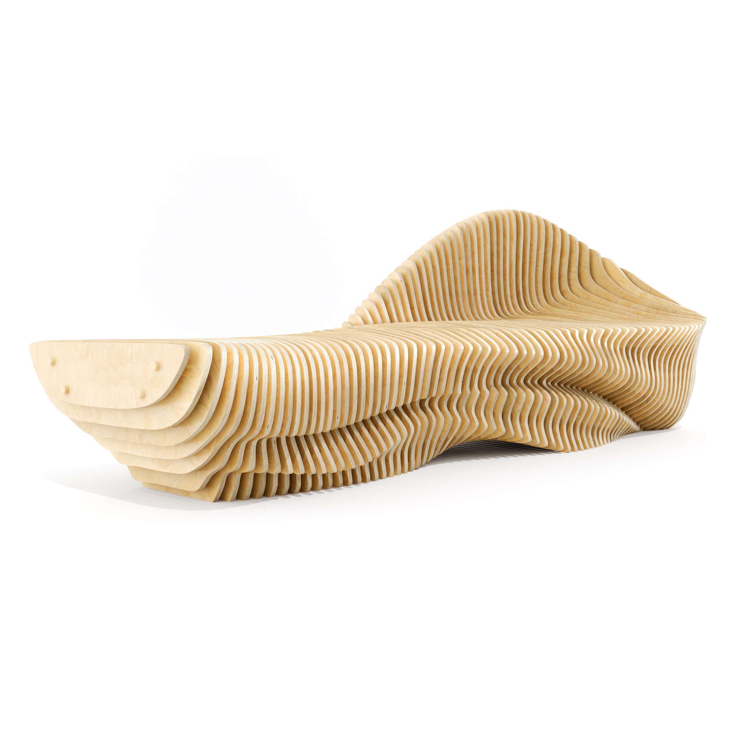 A 'parametric style' wooden bench constructed from numerous vertical, layered slats that create a continuous, undulating, wave-like form. The structure features a smooth, light wood grain finish and a complex, rhythmic pattern of stacked wooden panel