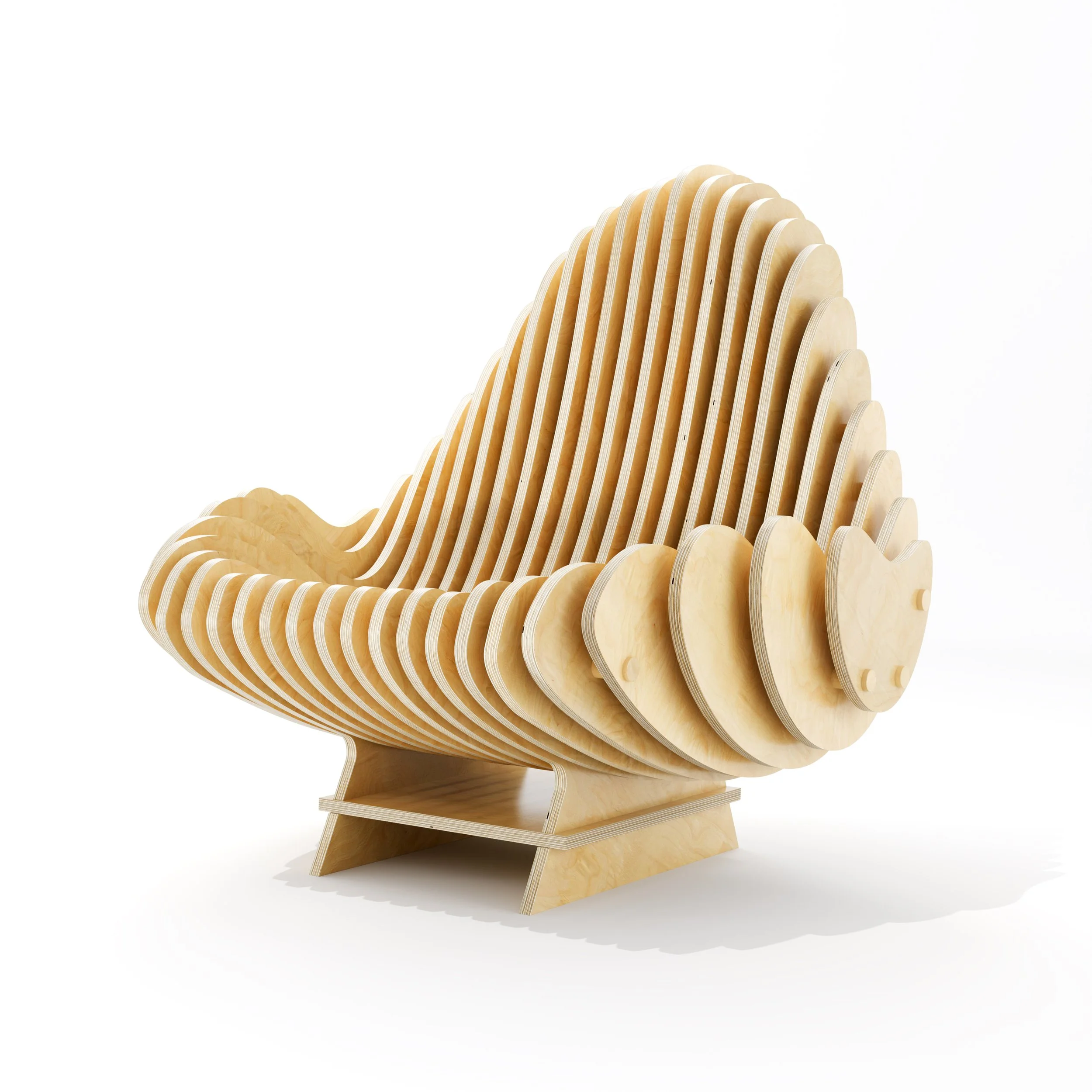 A modern wooden sculptural chair or sofa with overlapping curved panels arranged layered, ribbed pattern, supported by a wooden base as a designer piece made by Terraform company designer Nick ODonnell.