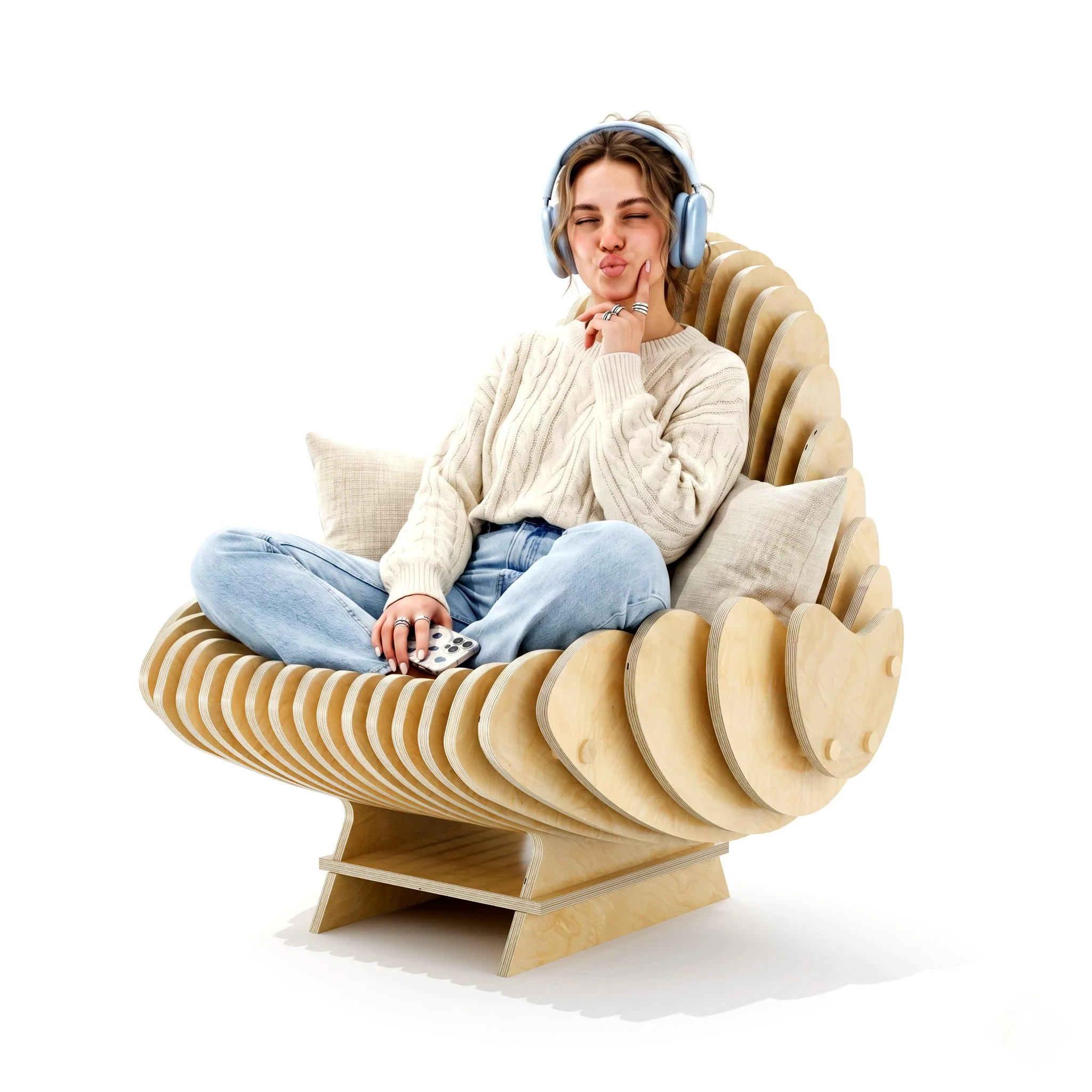 A woman with blonde hair wearing headphones and a beige sweater sitting on a deep wooden chair made in a modern parametric style, making a kiss face expression.