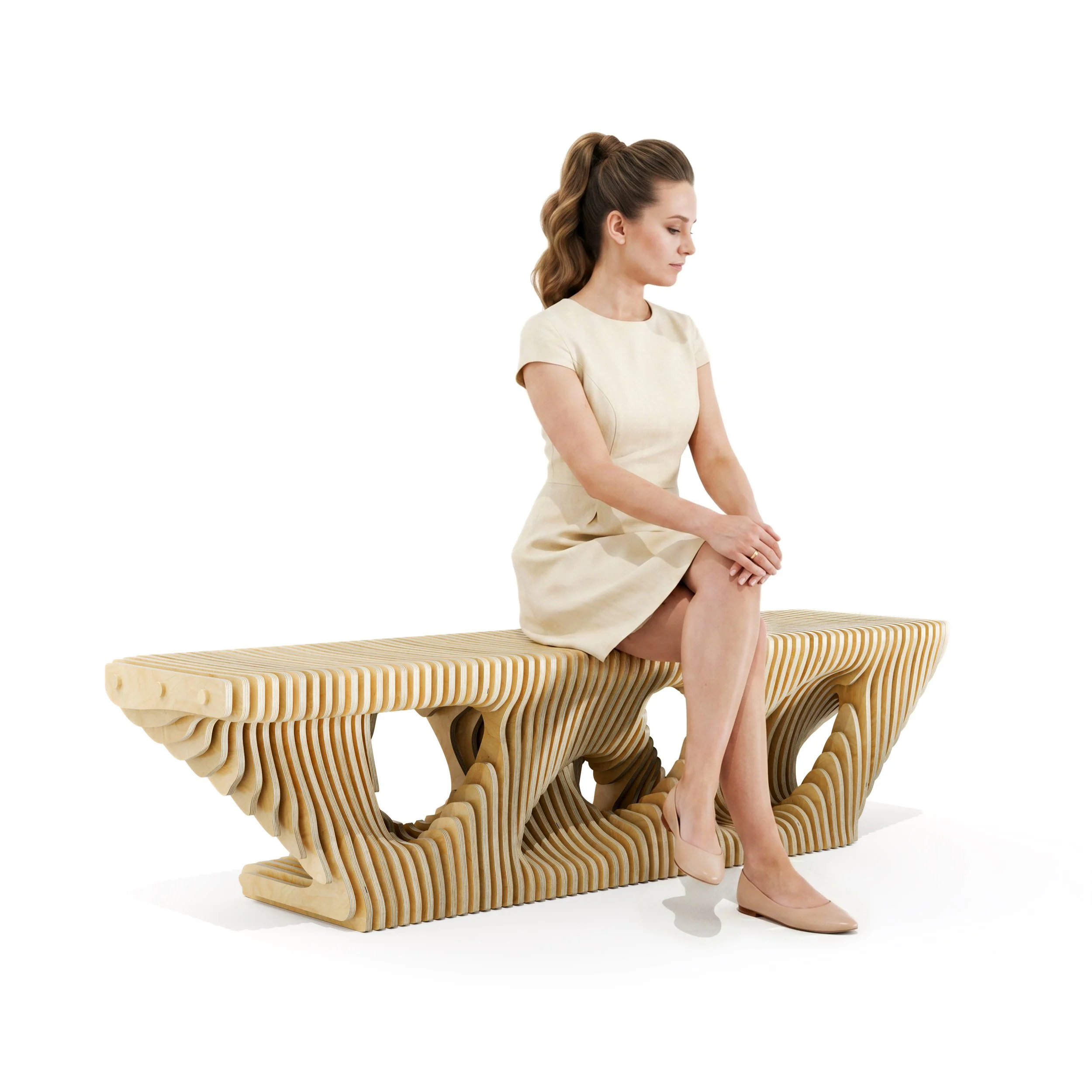 Young woman sitting on a modern parametric style wooden bench, wearing a cream dress and beige heels, with a white background.
