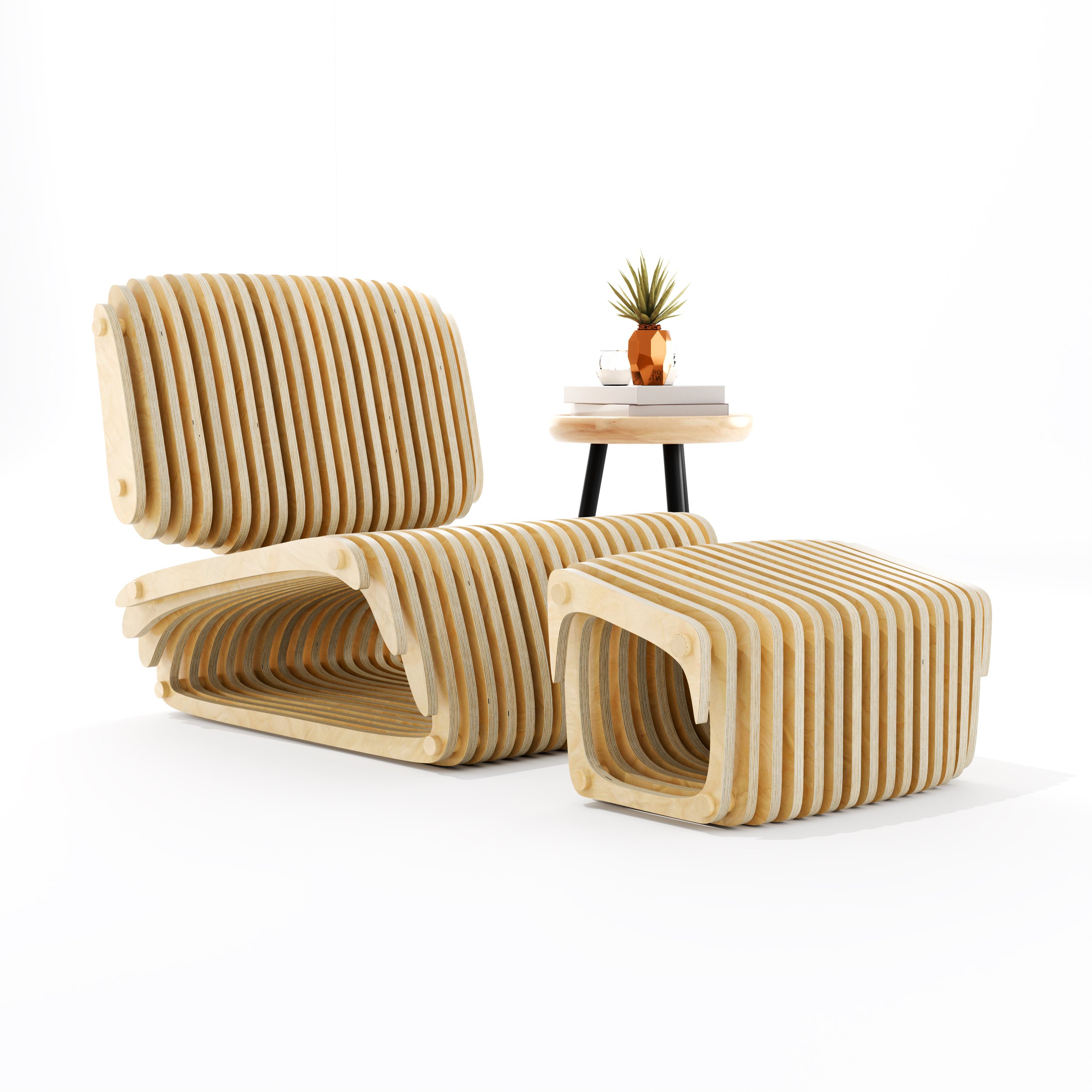 A modern parametric wooden lounge chair with curved slats, accompanied by a small side table holding a plant and a glass of water, set against a plain white background.