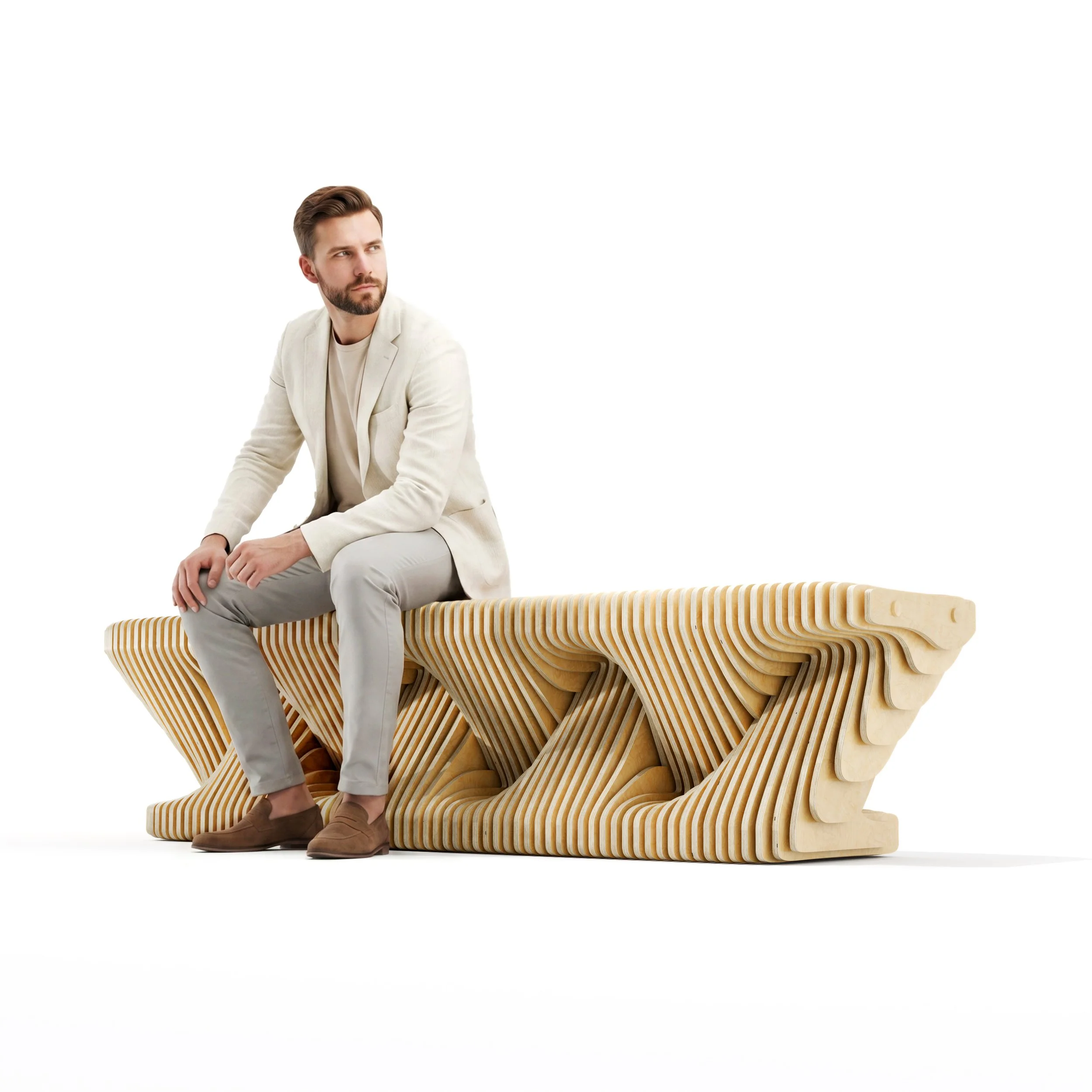 A man with a beard and brown hair is sitting on a modern wooden parametric bench with a unique wave design, against a plain white background.