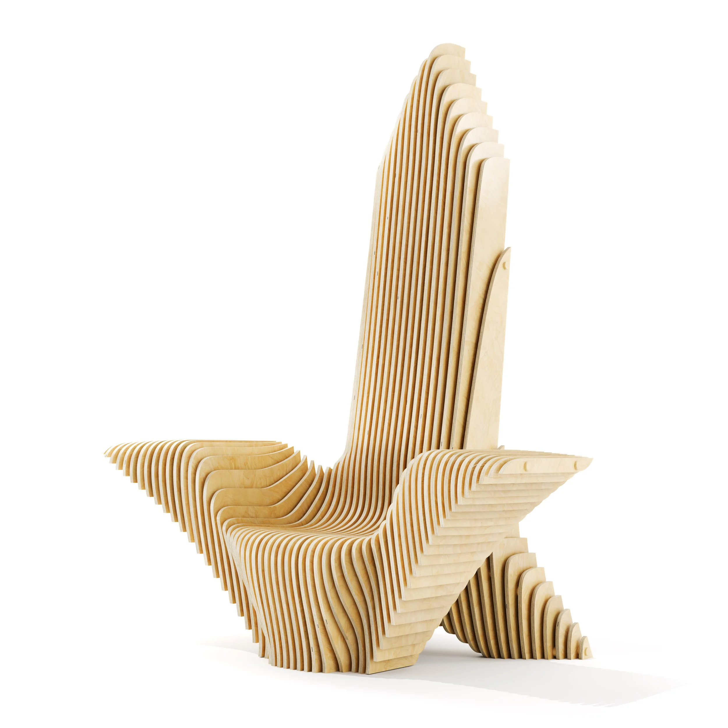 A modern sculptural chair or throne made from multiple wooden slats, shaped into a flowing, abstract form with a curved, upward-reaching design, as a designer piece made by Terraform company designer Nick ODonnell.