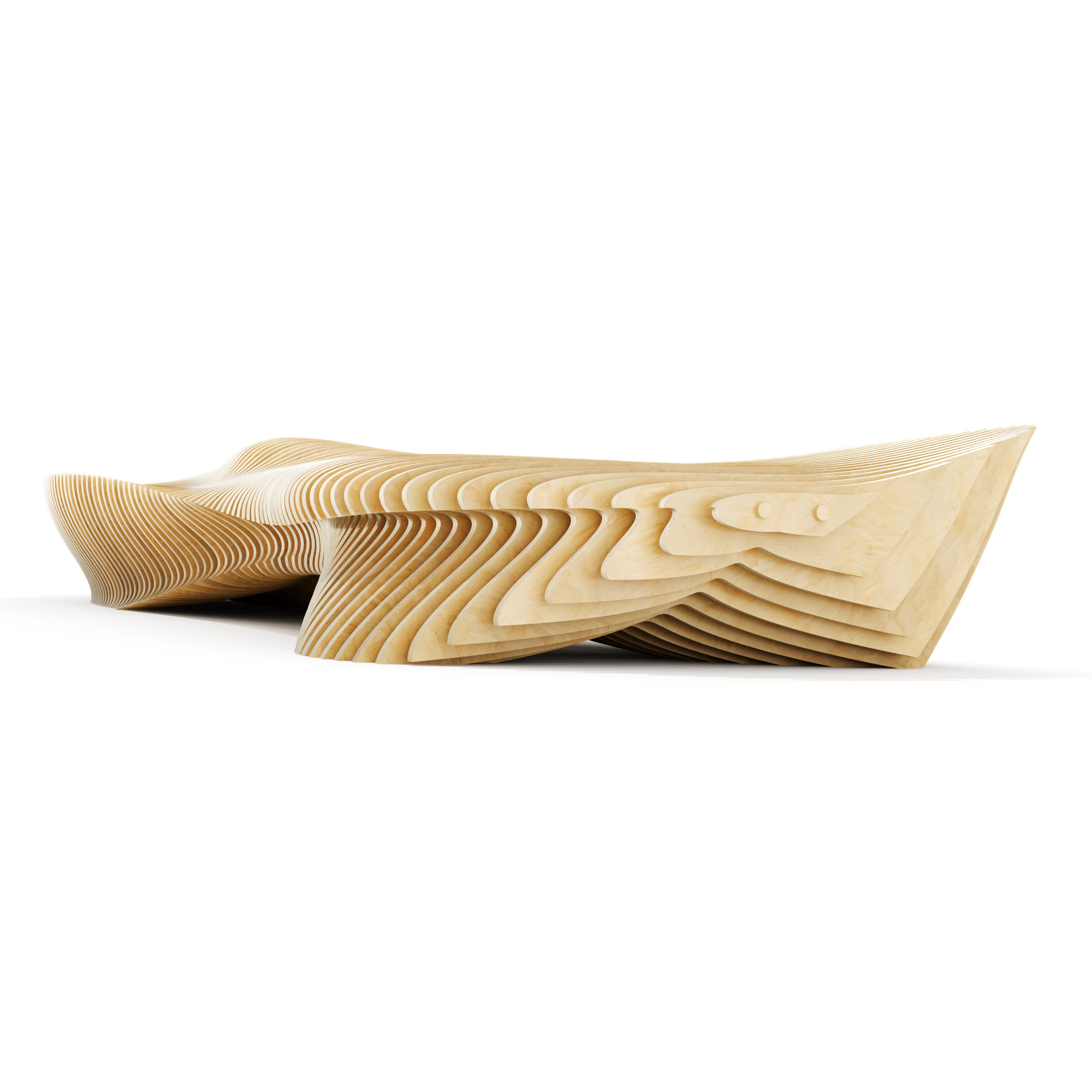 A modern wooden sculptural bench made in parametric style with flowing, layered curves resembling a wave or natural form, as a designer piece made by Terraform company designer Nick ODonnell.