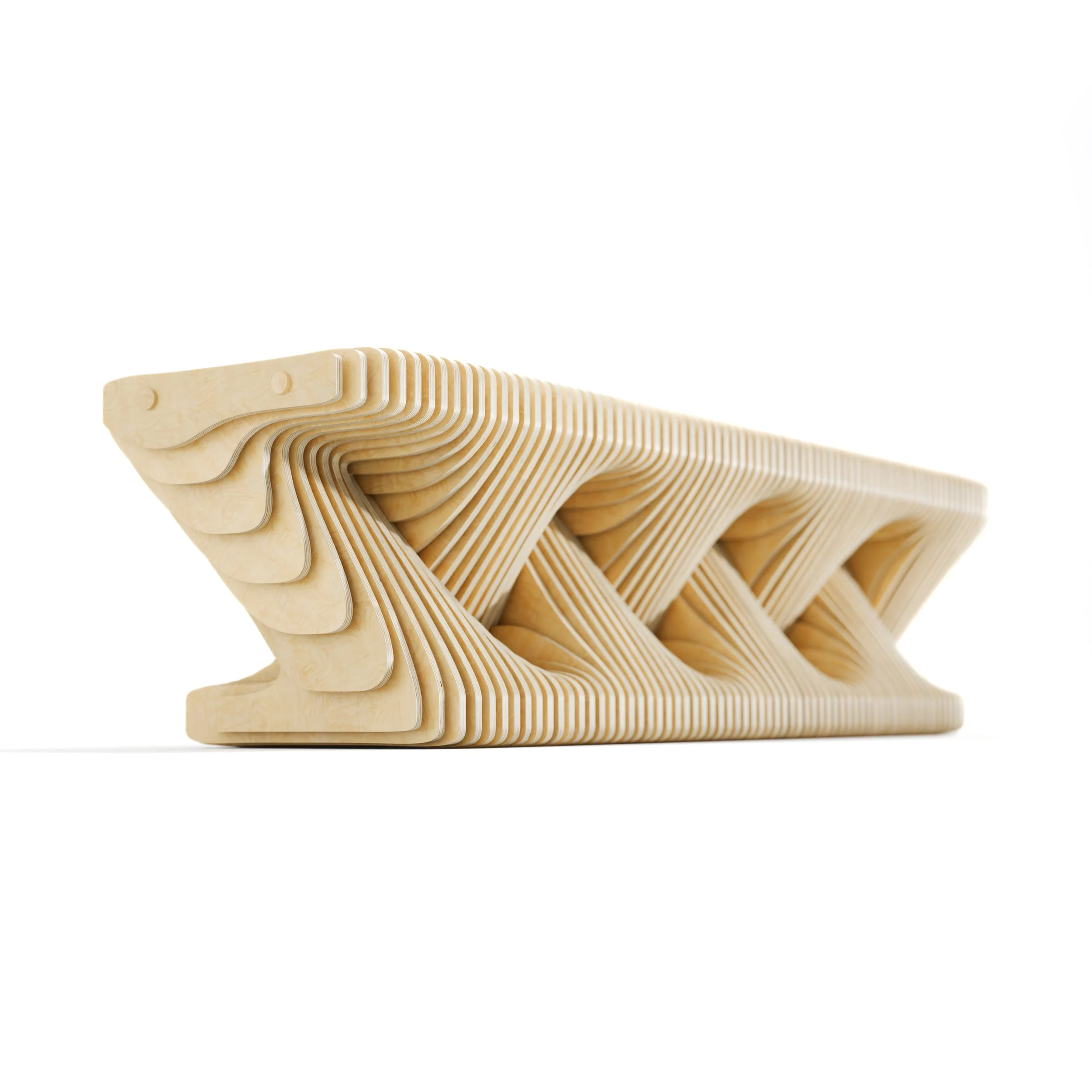 A low profile modern entryway bench made in parametric style from layers of light toned wood, with a design shaped like knuckles, as a designer piece made by Terraform company designer Nick ODonnell.