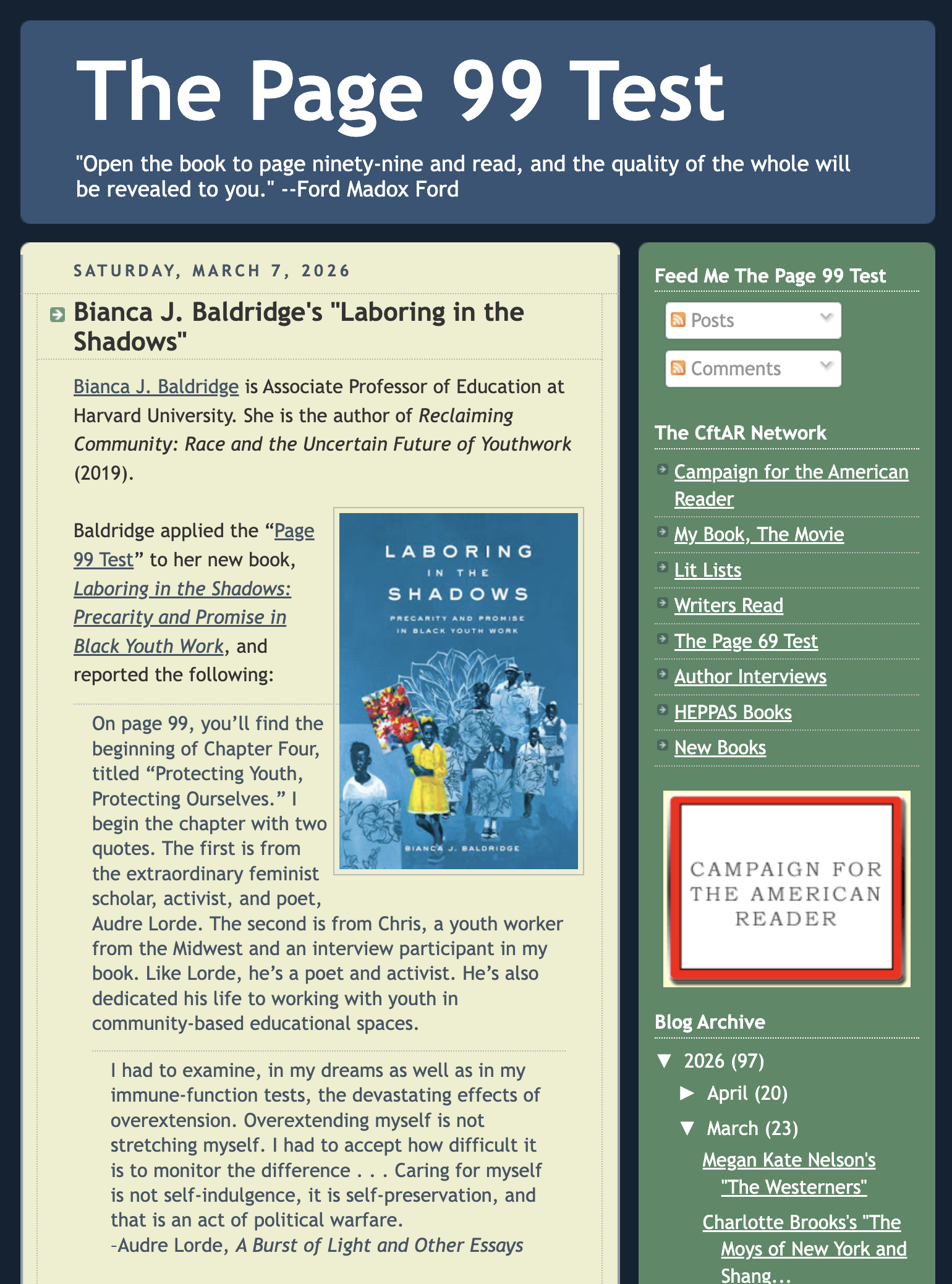 The Page 99 Test: Bianca J. Baldridge's Laboring in the Shadows