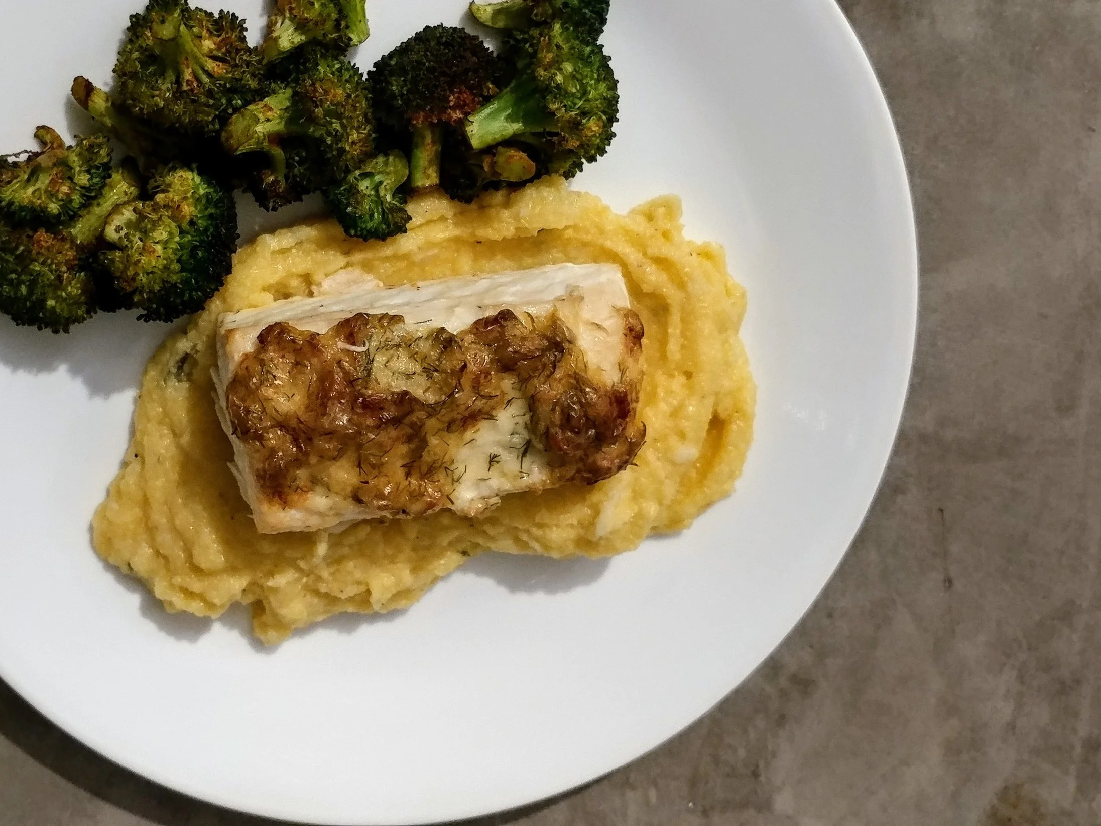 Garlic Dill Crusted Halibut with Polenta and Baked Broccoli