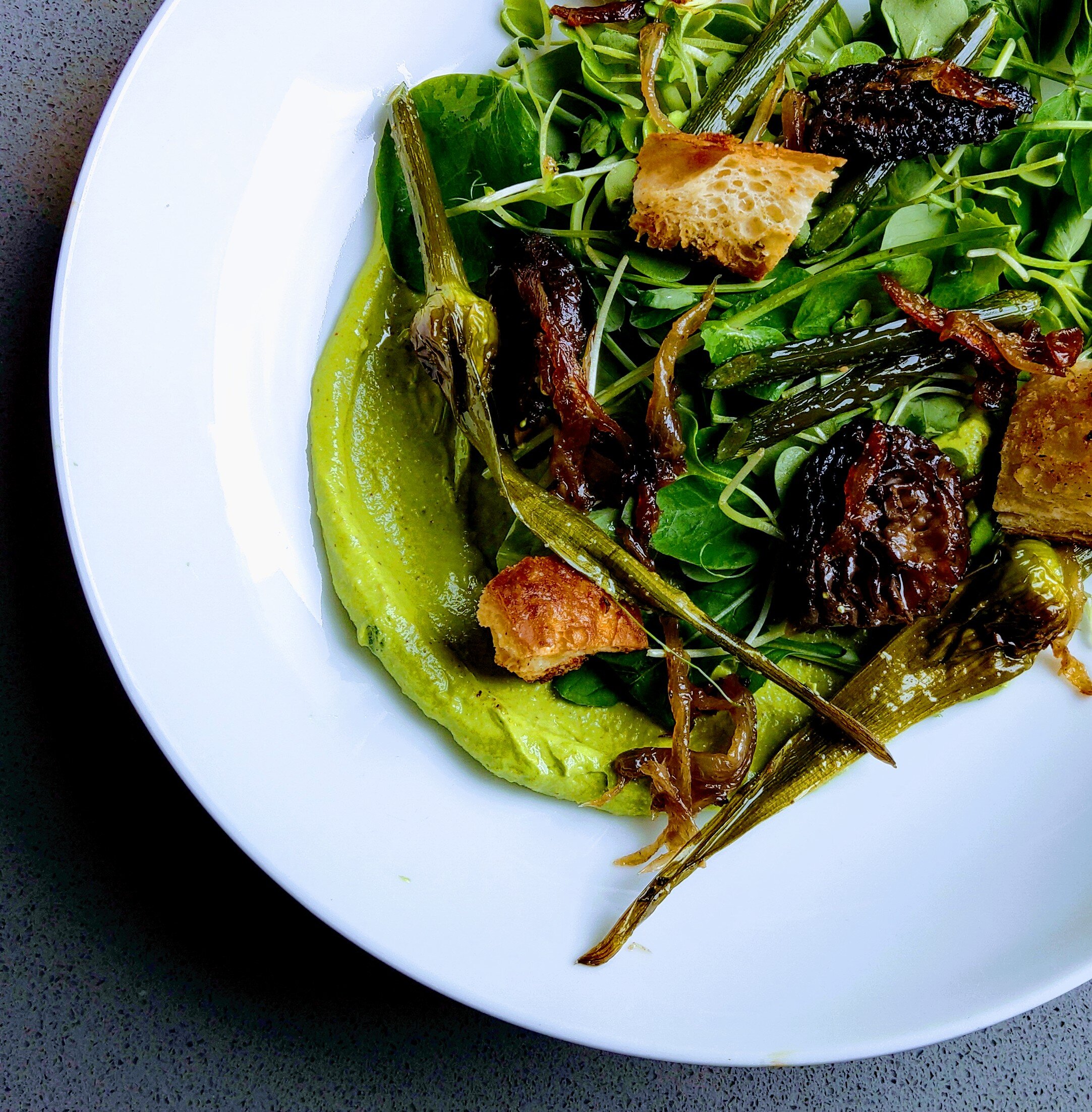 Morel and Garlic Scape Salad With Pistachio Spinach Puree