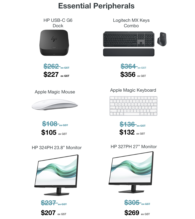 EOFY offers on a range of PC and Apple peripherals  include mouses, keyboards and monitors. Click to download a PDF of offers.