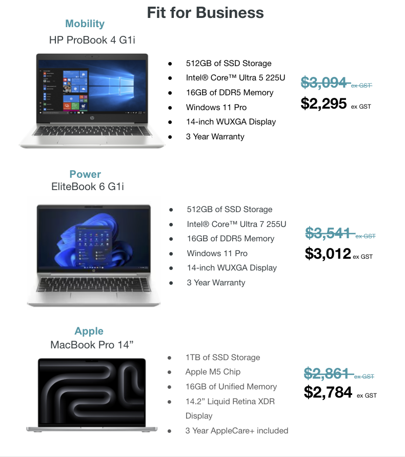 Laptop offers for HP ProBook 4 GLi, Elitebook 6 GLi, and MacBook Pro 14. Click to download the offers and specs as a PDF.