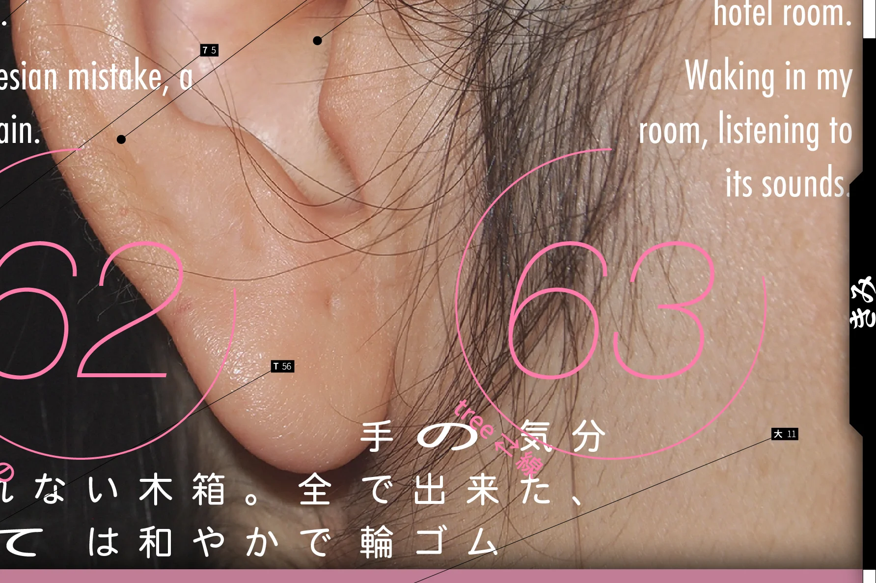 Fragmented texts in Japanese and English were juxtaposed with a series of drawings by UK artist Nicola Morrison and photographic work from Yutaka Inagawa's 'Project Paraphrase' (2017) 