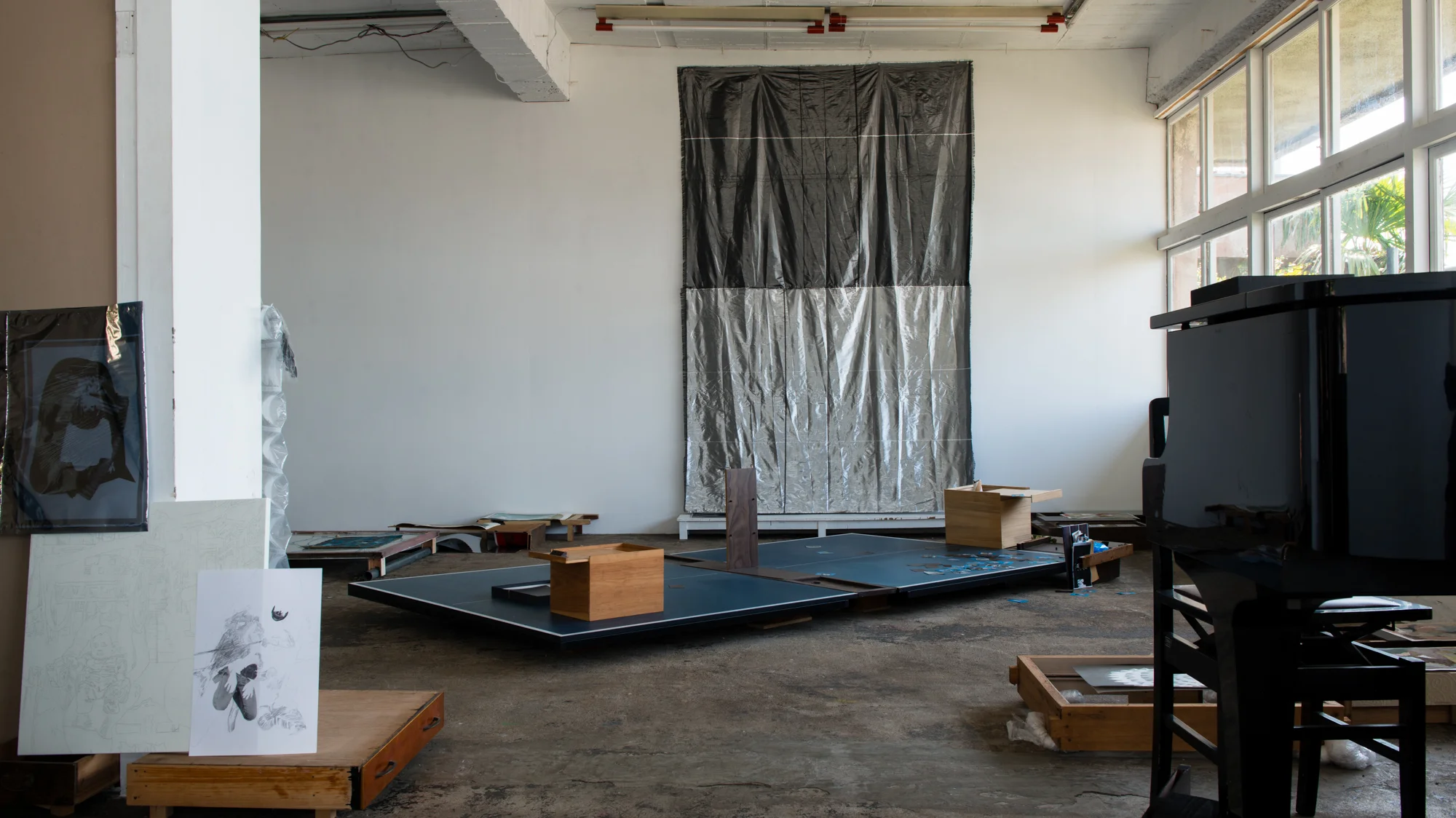 Installation shot from dr/op showing the work of Yutaka Inagawa, Aoife Collins, Kiyohito Mikami and ONLY CONNECT.