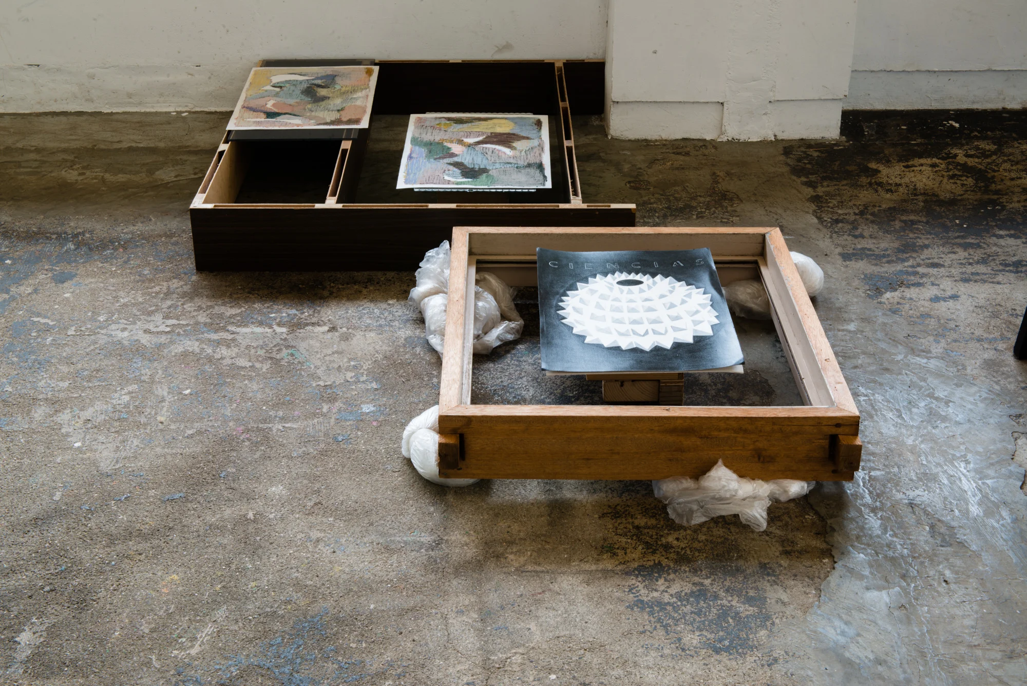 Installation shot from dr/op showing the work of Christina Mitrentse, Tomoya Matsuzaki and ONLY CONNECT.