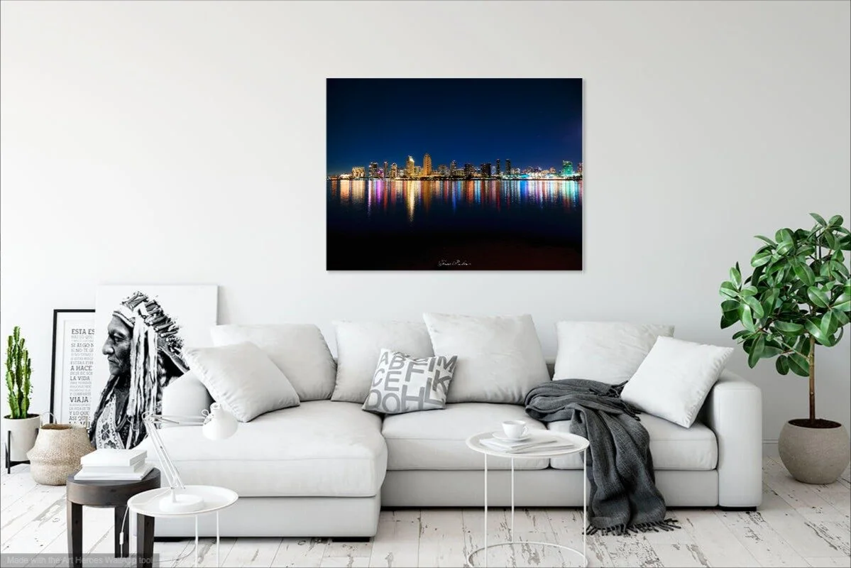 Fine art photography print of downtown San Diego mounted in a living room.