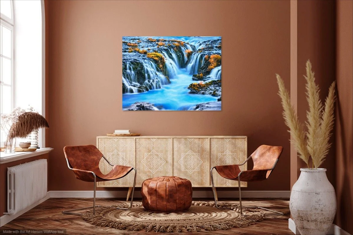 An example of an acrylic print of an Icelandic waterfall in a living room.