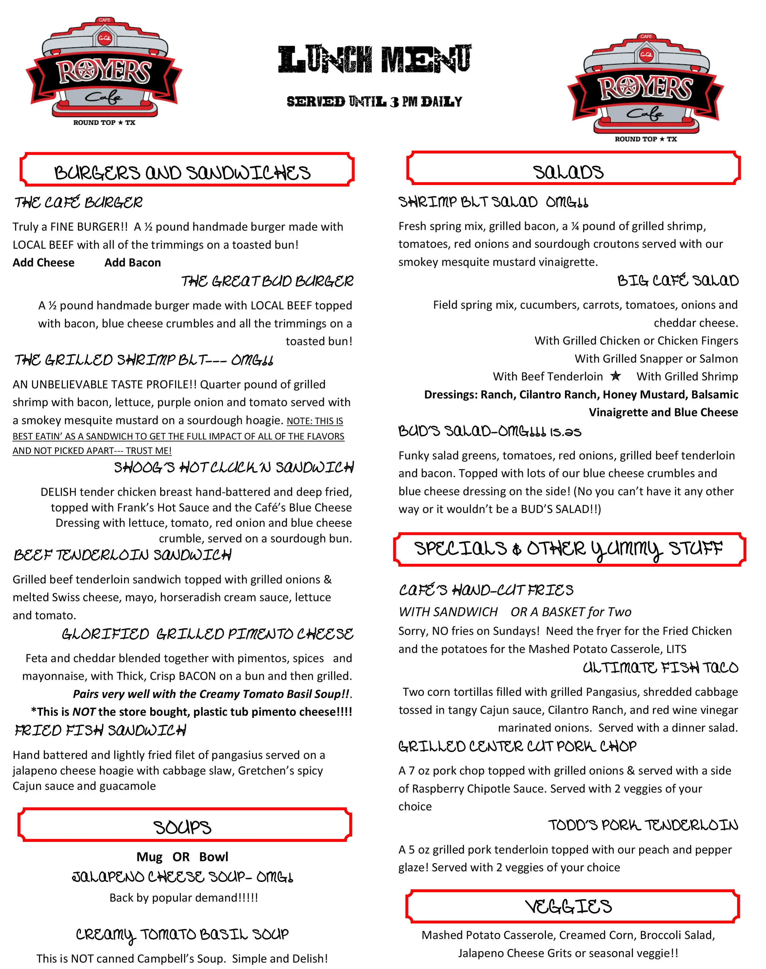 Lunch Menu — Royers Cafe