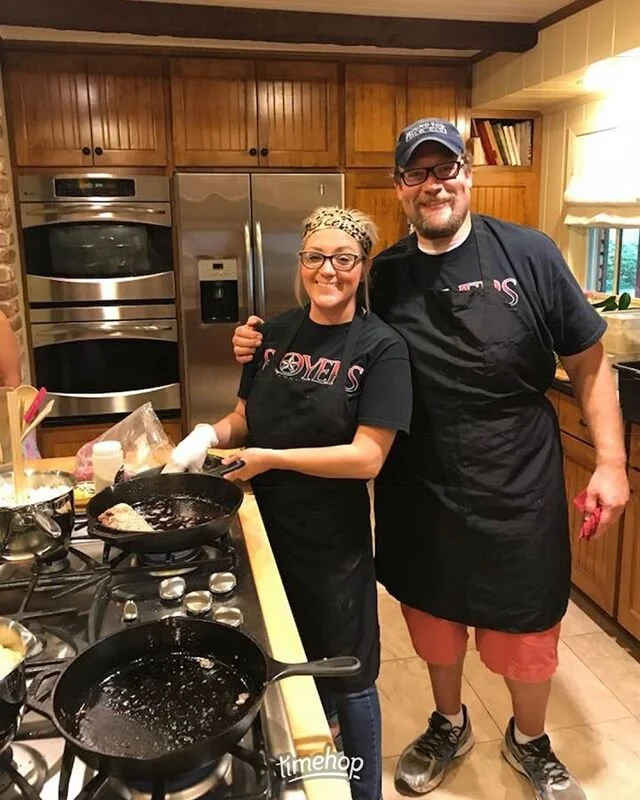 These two ❤️ traveling to their customers' homes and  cooking onsite!  Whether it is simply for a fun night with friends &amp; family, or to celebrate birthdays and anniversaries, they will be sure that it is a meal to remember! 🎉🎉 Contact the Cafe to talk details! 📲 979-249-3611

Oh, and in the meantime...we have our Fried Fish Special all day today!  You get the fish, hush puppies, coleslaw, &amp; sauces for $12.  We'd love to see you. 👋🏻 #royersroundtopcafe
#bigtastetinytown
#rememberthealamode
#pieswithpurpose
#tripledfriday
#goldbelly