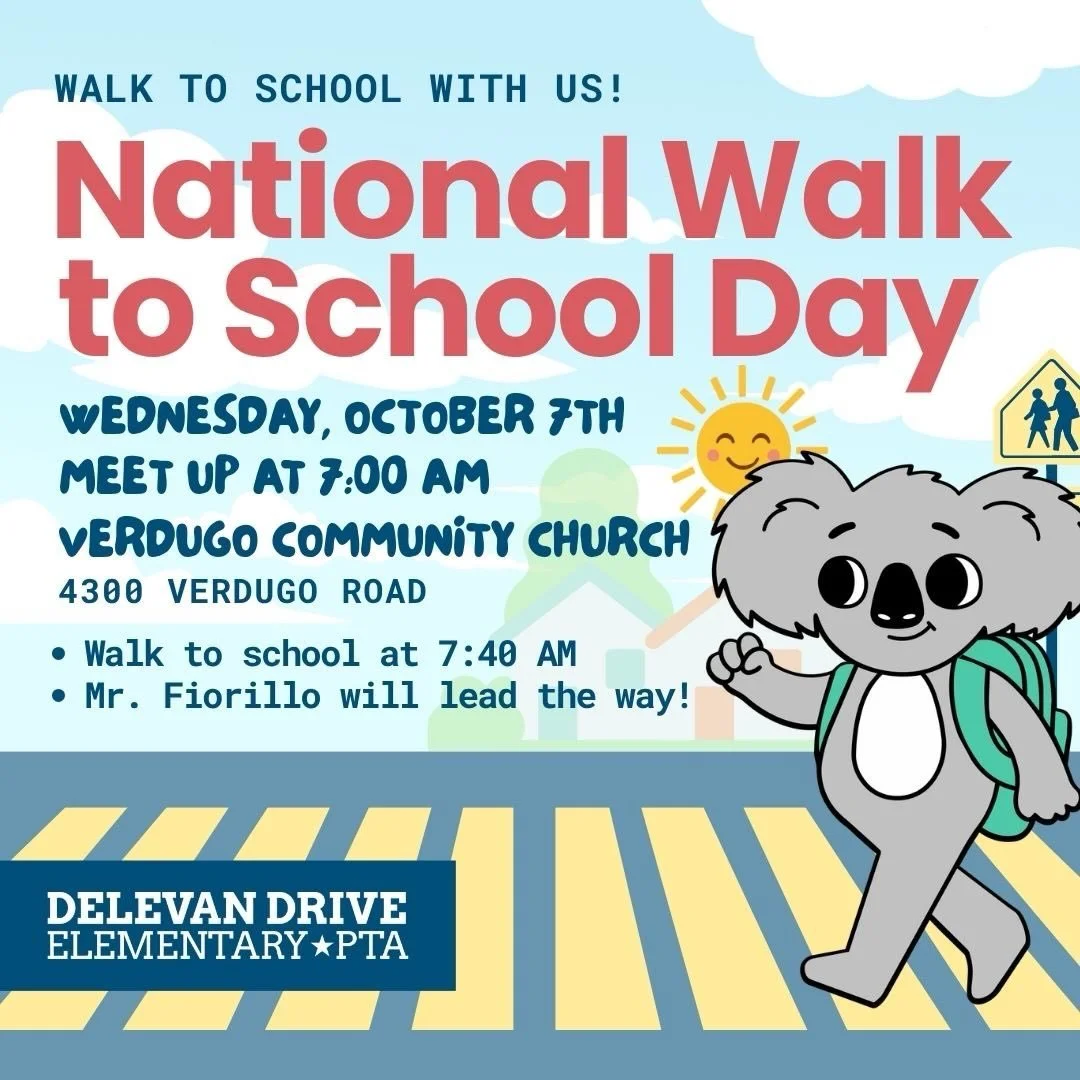 WALK TO SCHOOL WITH US!&nbsp;&nbsp;👟
National Walk to School Day -&nbsp;Wednesday, October 7

Meet up at 7:00 AM
Verdugo Community Church, 4300 Verdugo Road, Los Angeles, CA 90065

Walk to school at 7:40 AM
Mr. Fiorillo will lead the way!
Start the 