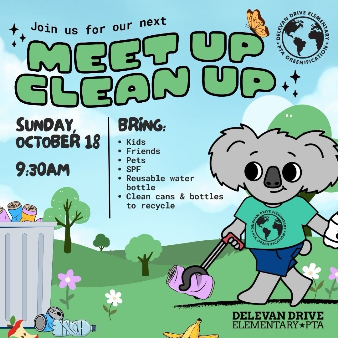 Help us tidy up our community.&nbsp;Meet you at the front/main gate of school on Sunday, 10/18 at 9:30am. 💚

Reach out if you have questions: info@delevanpta.org 
See ya there!