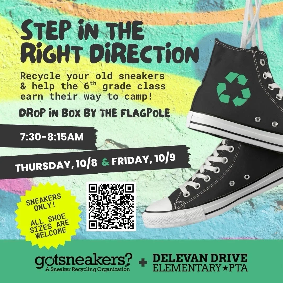 👟&nbsp;STEP IN THE RIGHT DIRECTION!&nbsp;♻️
Give your old sneakers a new purpose and help Delevan&rsquo;s 6th graders raise money for camp!&nbsp;Sneakers only&mdash;all sizes welcome!&nbsp; The better the quality, the better the return!

Collection 