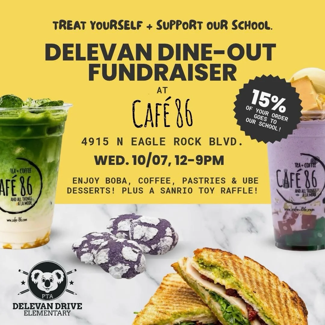 Boba and ube desserts for Delevan! 🧋💜
Stop by Cafe 86 on Wednesday, October 7, from 12&ndash;9 p.m. for coffee, pastries, boba, or one of their famous ube desserts. 15% of qualifying sales will go to Delevan, and the owner will also hold a raffle f