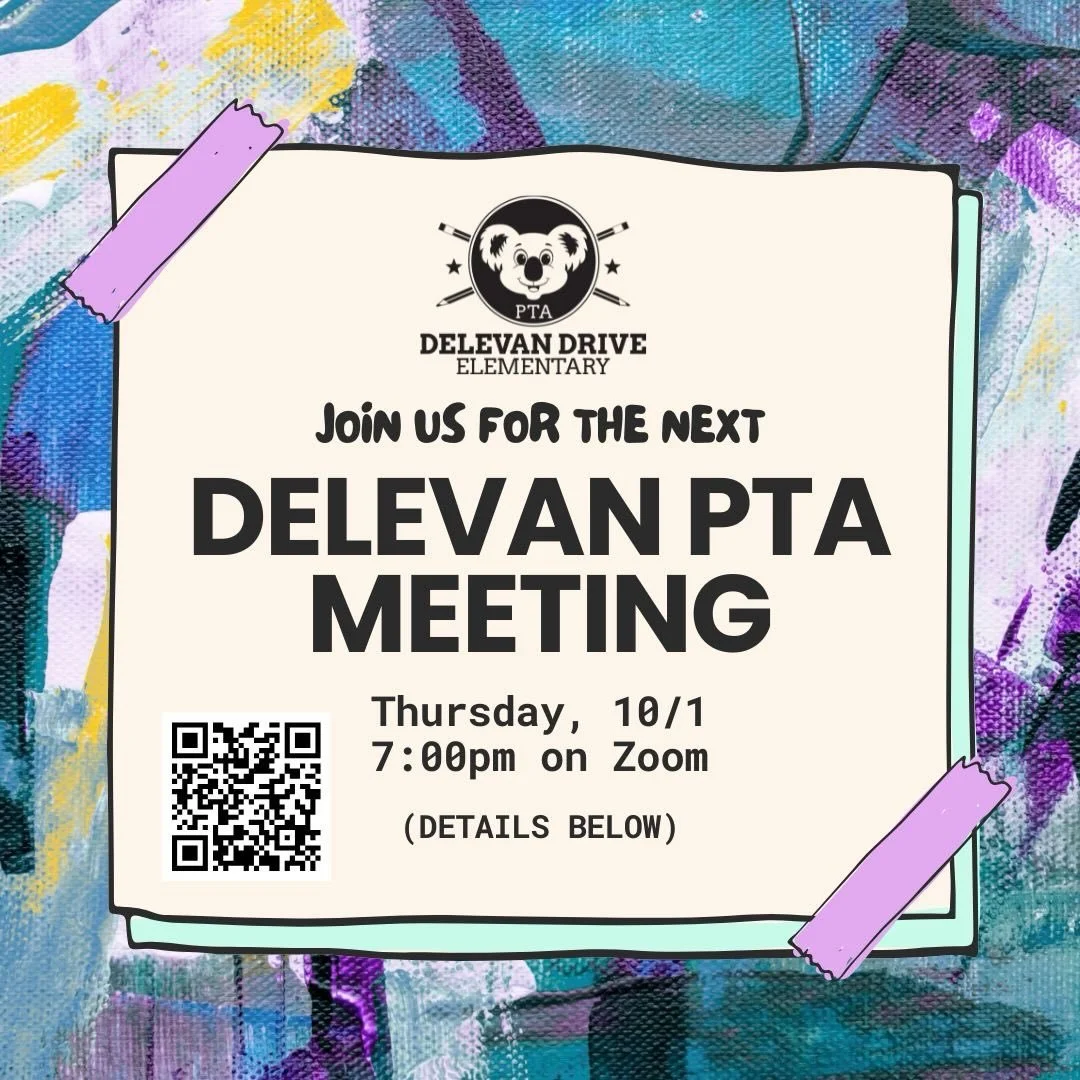 Join us for our October PTA meeting! Hear what&rsquo;s happening at school, share your ideas, and connect with other Delevan families&mdash;all from home.

Thursday, October 1
7:00 PM

Join on Zoom: Scan QR code or click link in bio 
Meeting ID: 894 