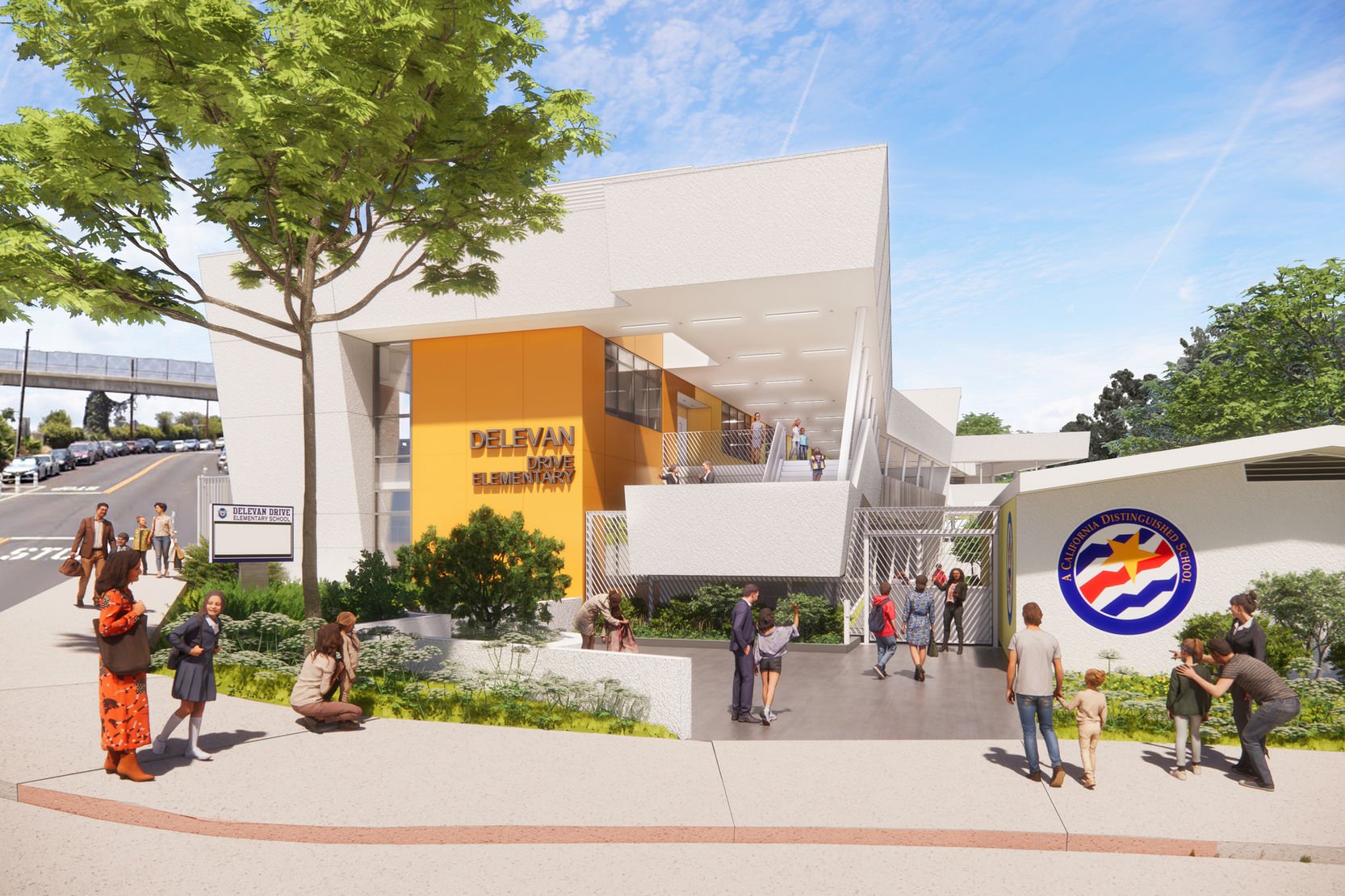 An artistic rendering of the new Delevan Drive Elementary School exterior with people walking and sitting outside, trees, greenery, and a blue sky with some clouds.