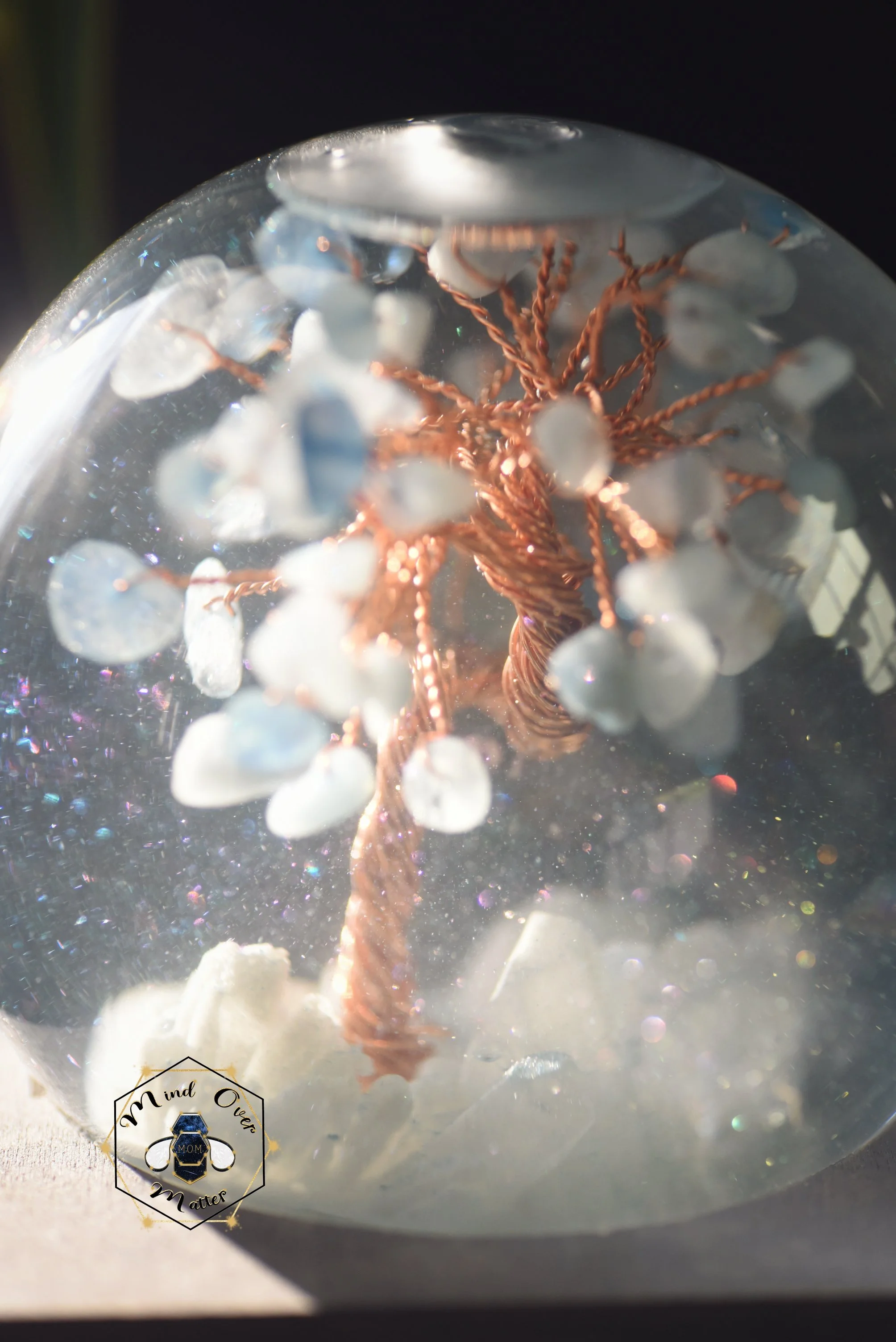 Breastmilk Snow Globe with gem tree and Breastmilk gemstone