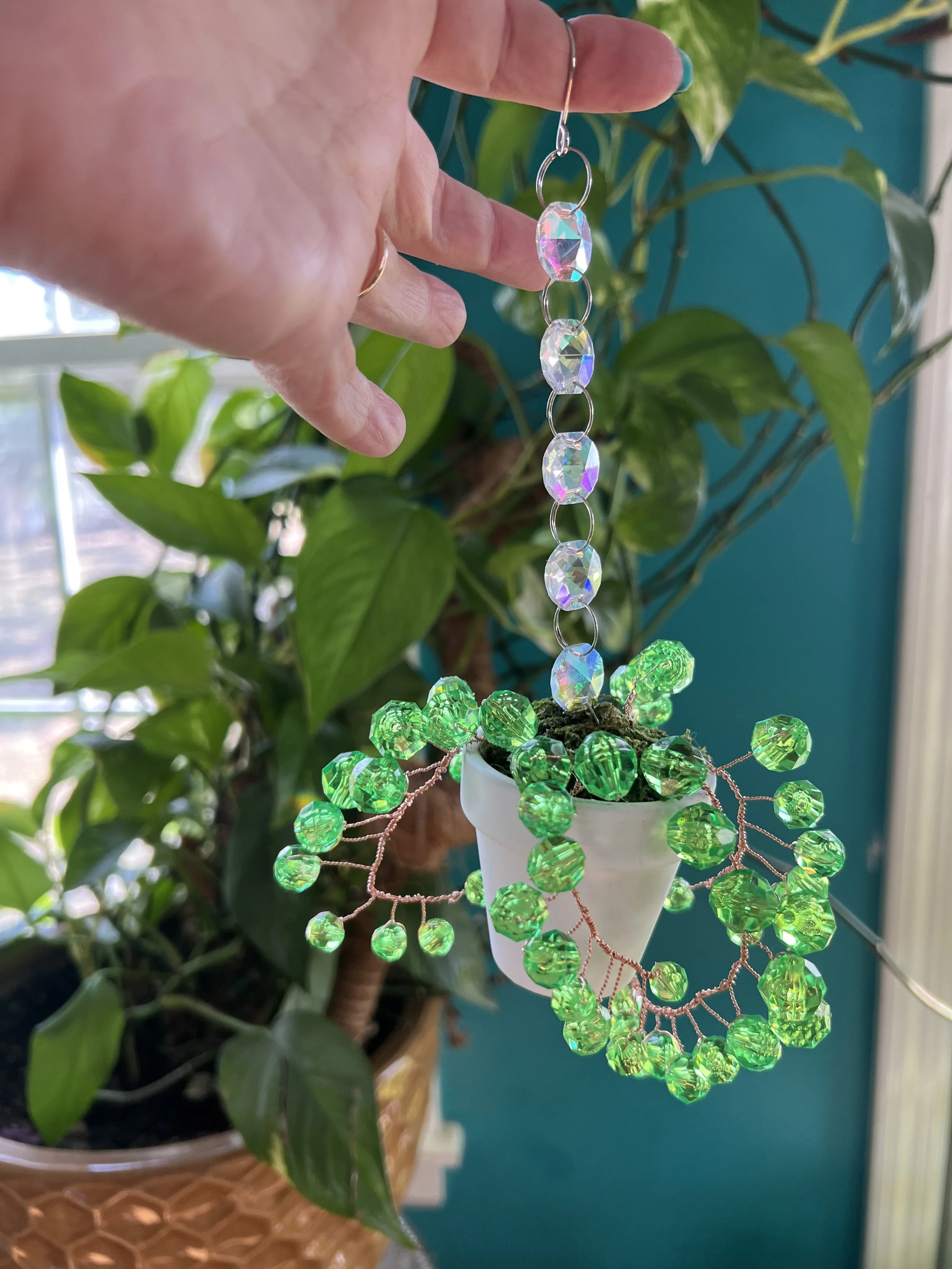 Gemstone Suncatcher Hanging Plant. String of Pearls