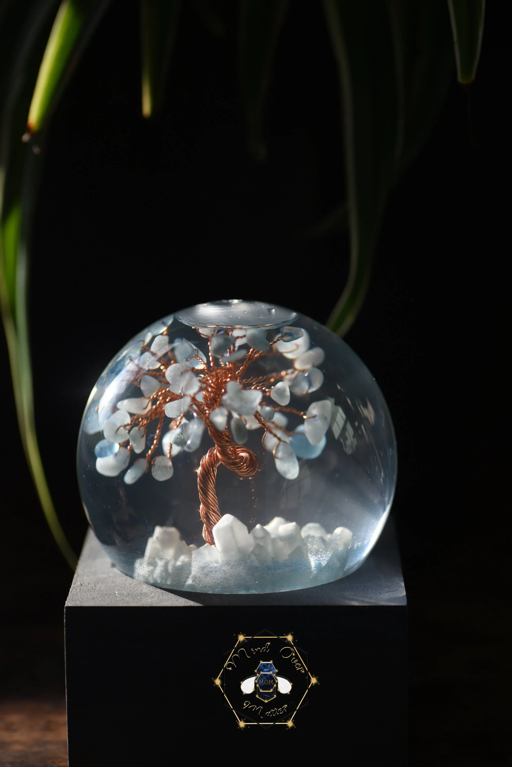 Breastmilk Snow Globe with gem tree and Breastmilk gemstone