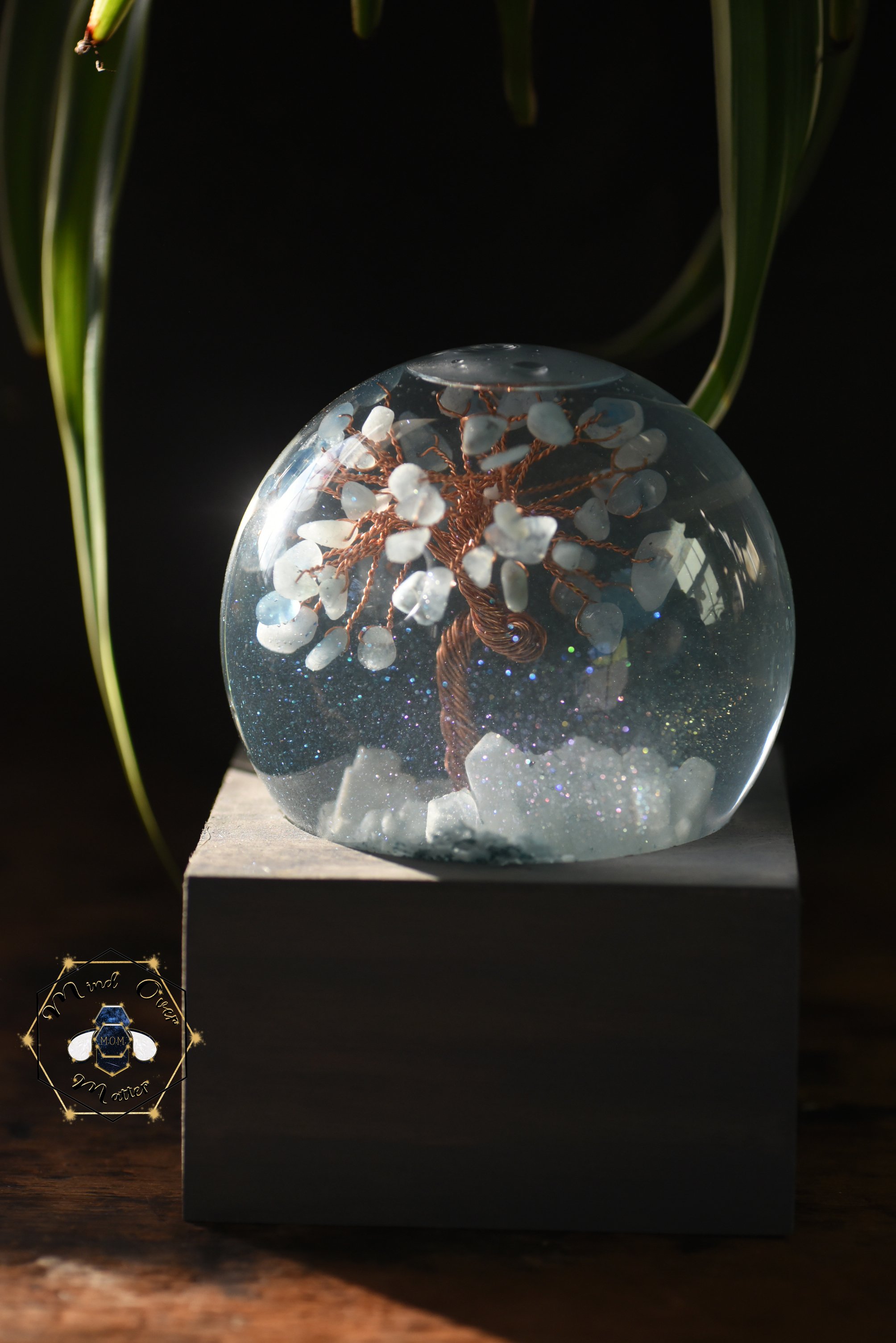 Breastmilk Snow Globe with gem tree and Breastmilk gemstone