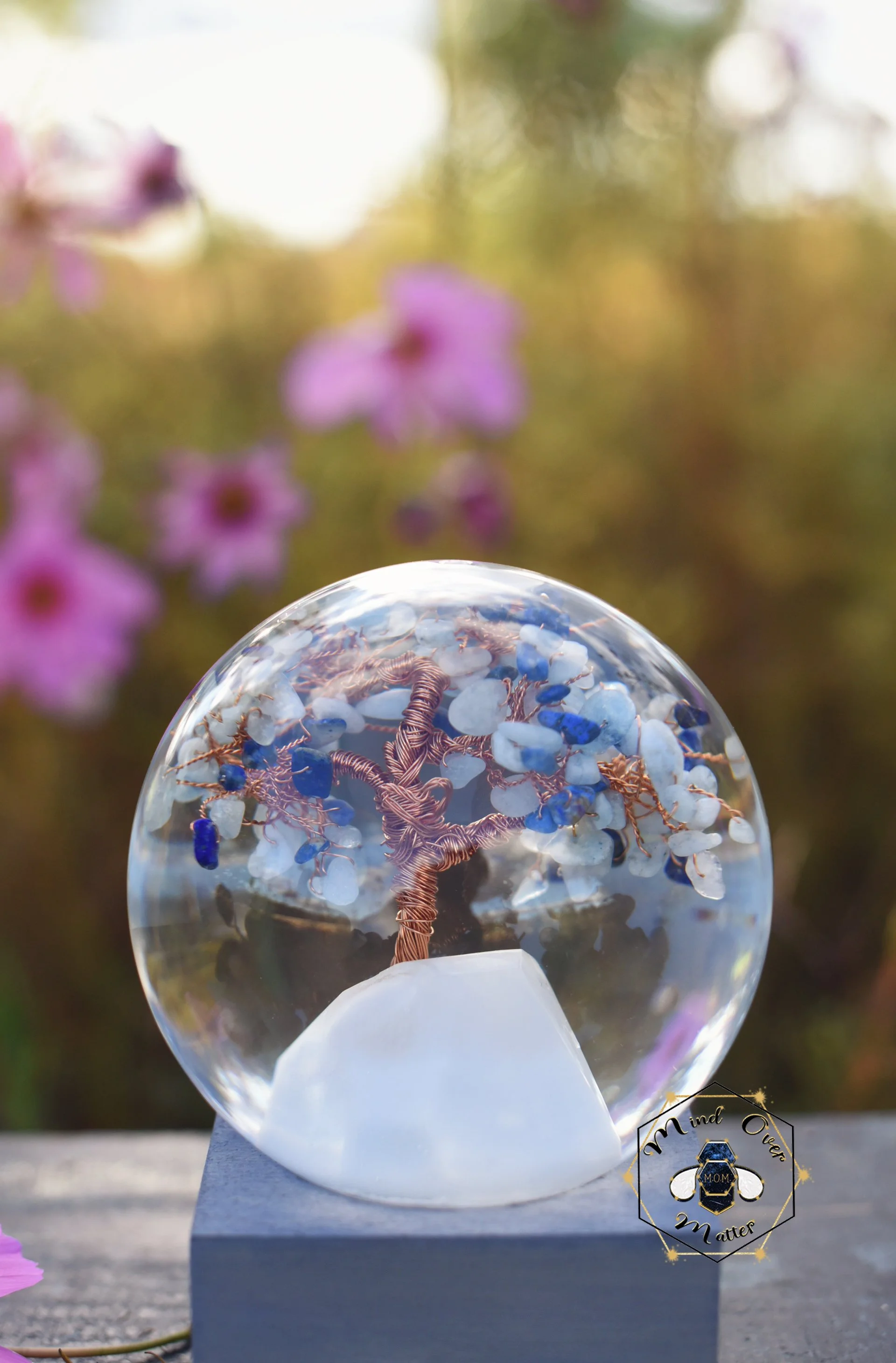 Breastmilk Snow Globe with gem tree and gemstone