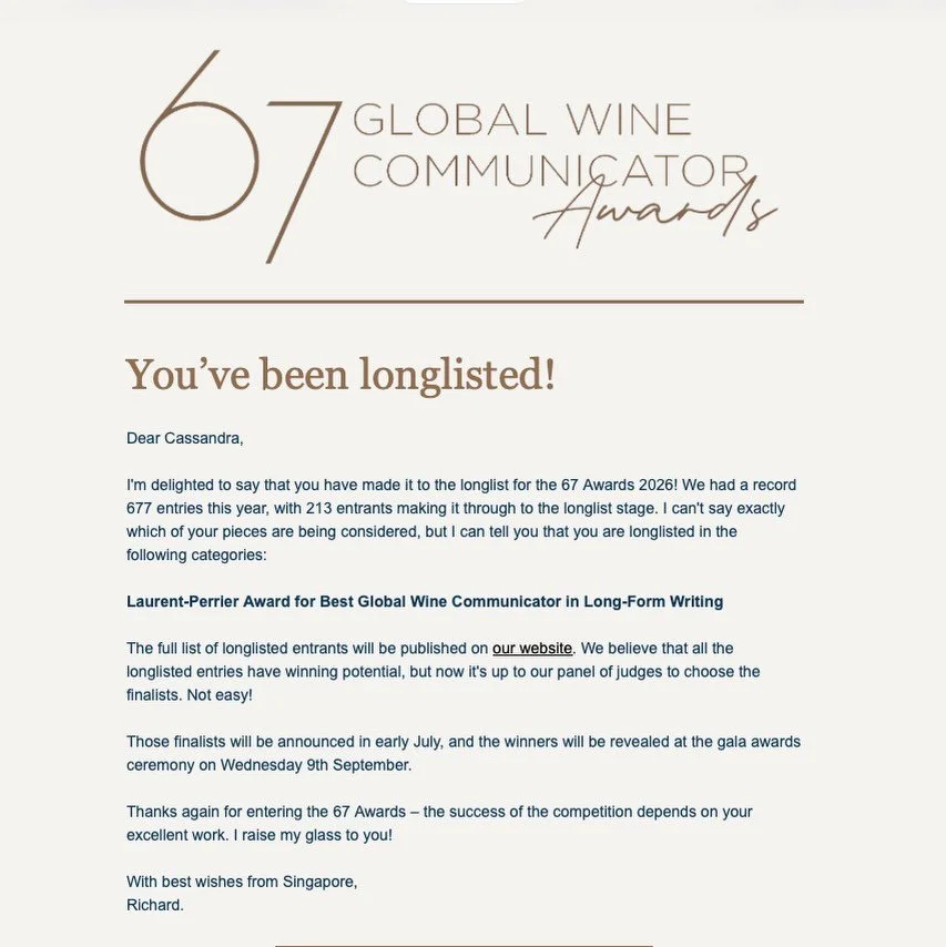 Reading through the just-announced longlist of wine writers and communicators for the @67pall_mall awards reminds me how many wonderful people are sharing meaningful stories out there.

It&rsquo;s an honour to be considered amongst such talent, and a