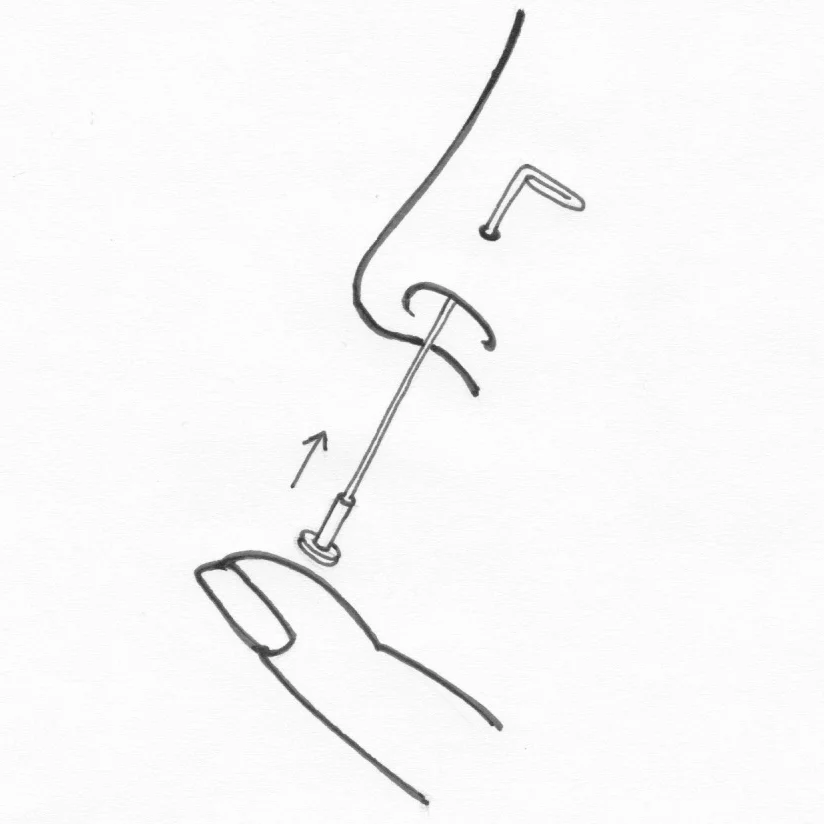 Die bestellbare Einführhilfe wird von oben in den Stichkanal eingeführt, die Basis an deren Ende gesteckt und wieder in die Nase geführt. Nun ist der Schmuck leicht durch vorsichtiges Drücken des Pins in die Basis zu schliessen