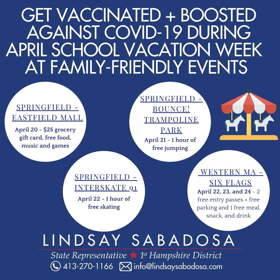 Need plans for April school vacation week? Vaccinations and boosters against COVID-19 will be offered at various family-friendly businesses throughout the Commonwealth from April 18 to 22. Individuals getting vaccinated/boosted at participating clini