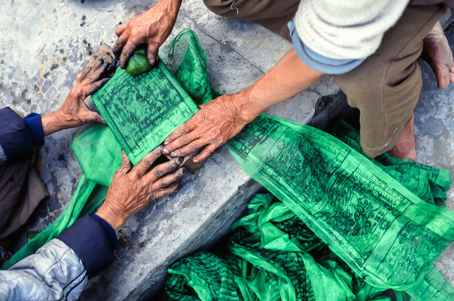 Printing prayer flags, Arunachal Pradesh, India