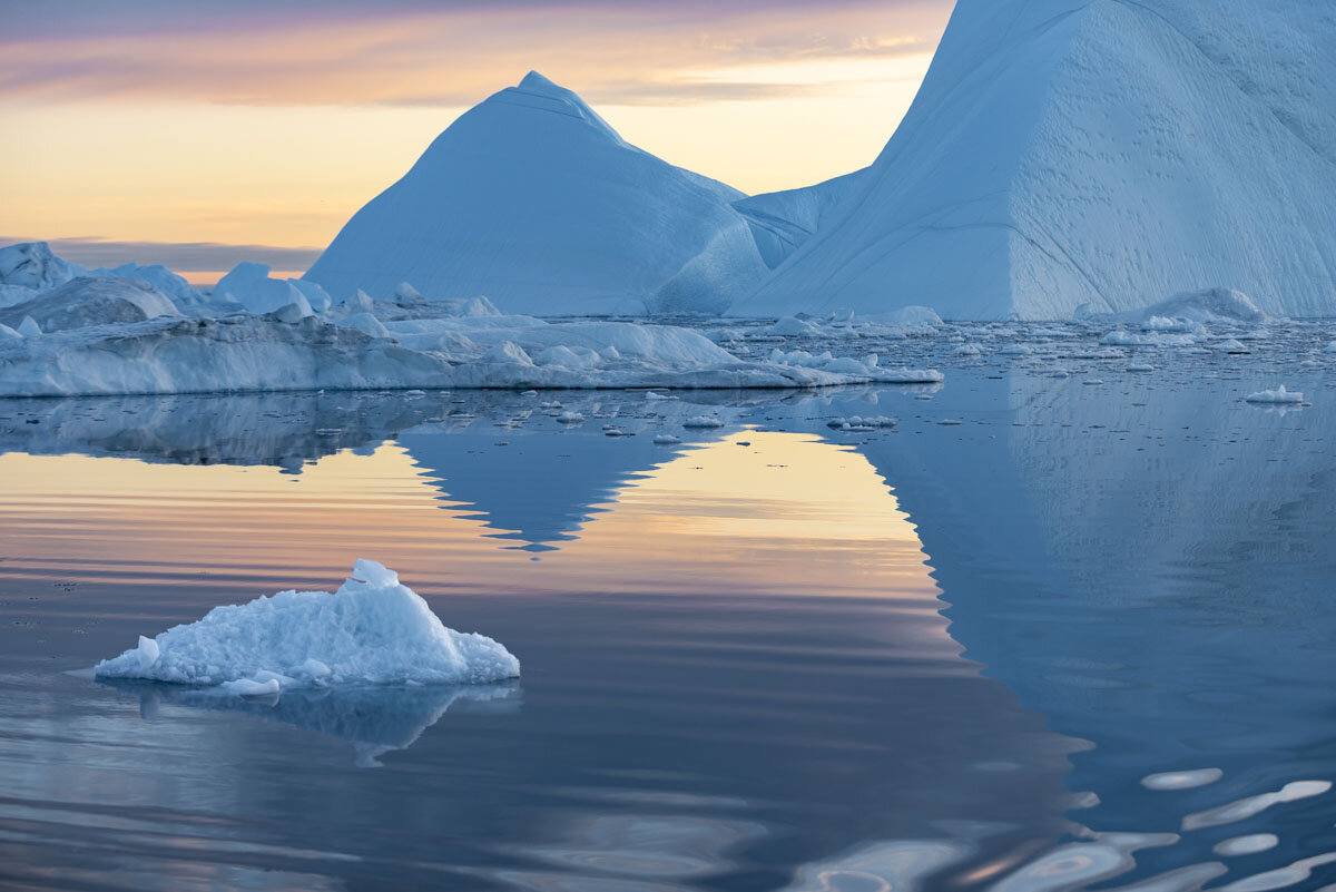  Icebergs at sunset, Kangia Ice Fiord, West Greenland 