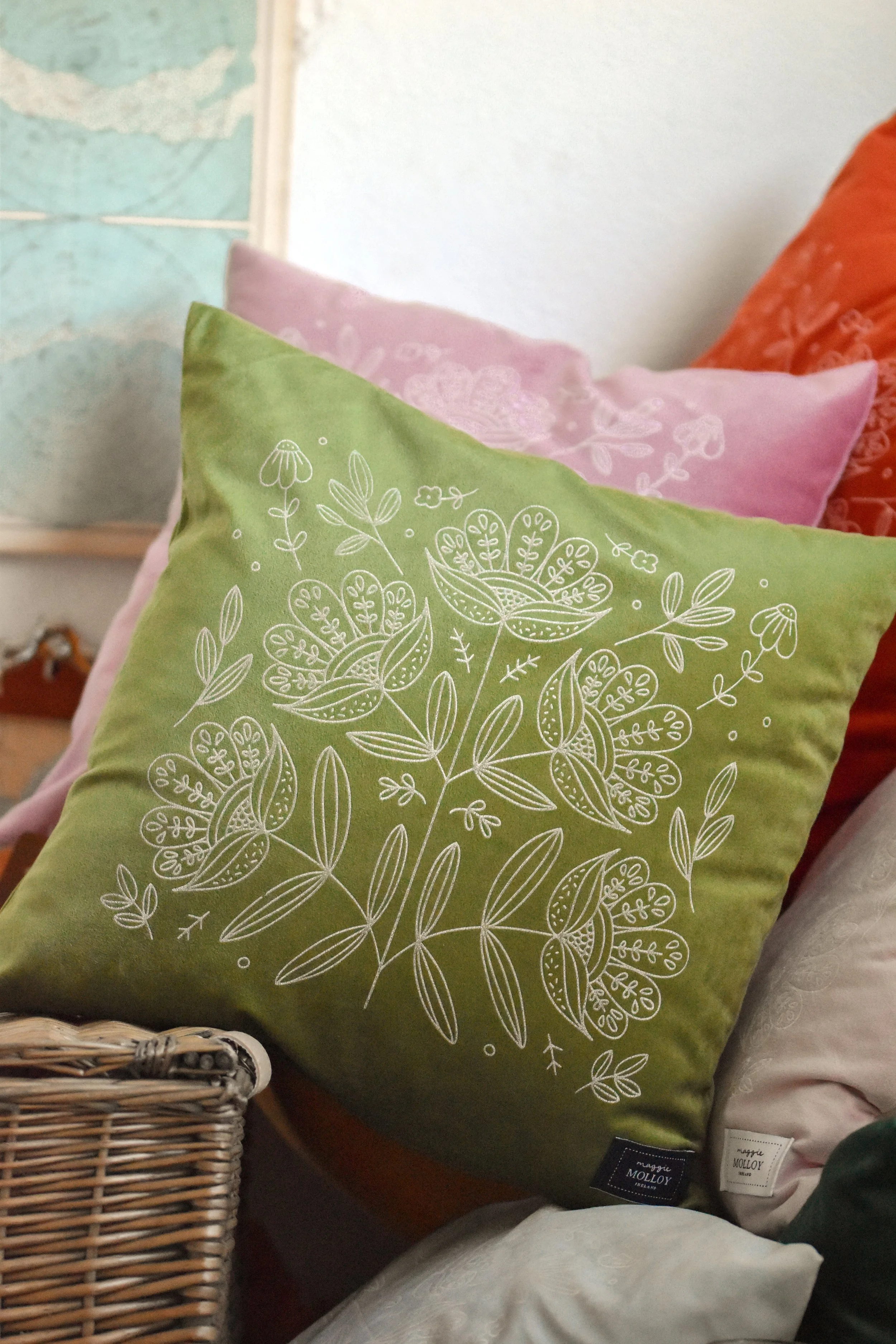 Moss Green Hand Printed Cushion Cover