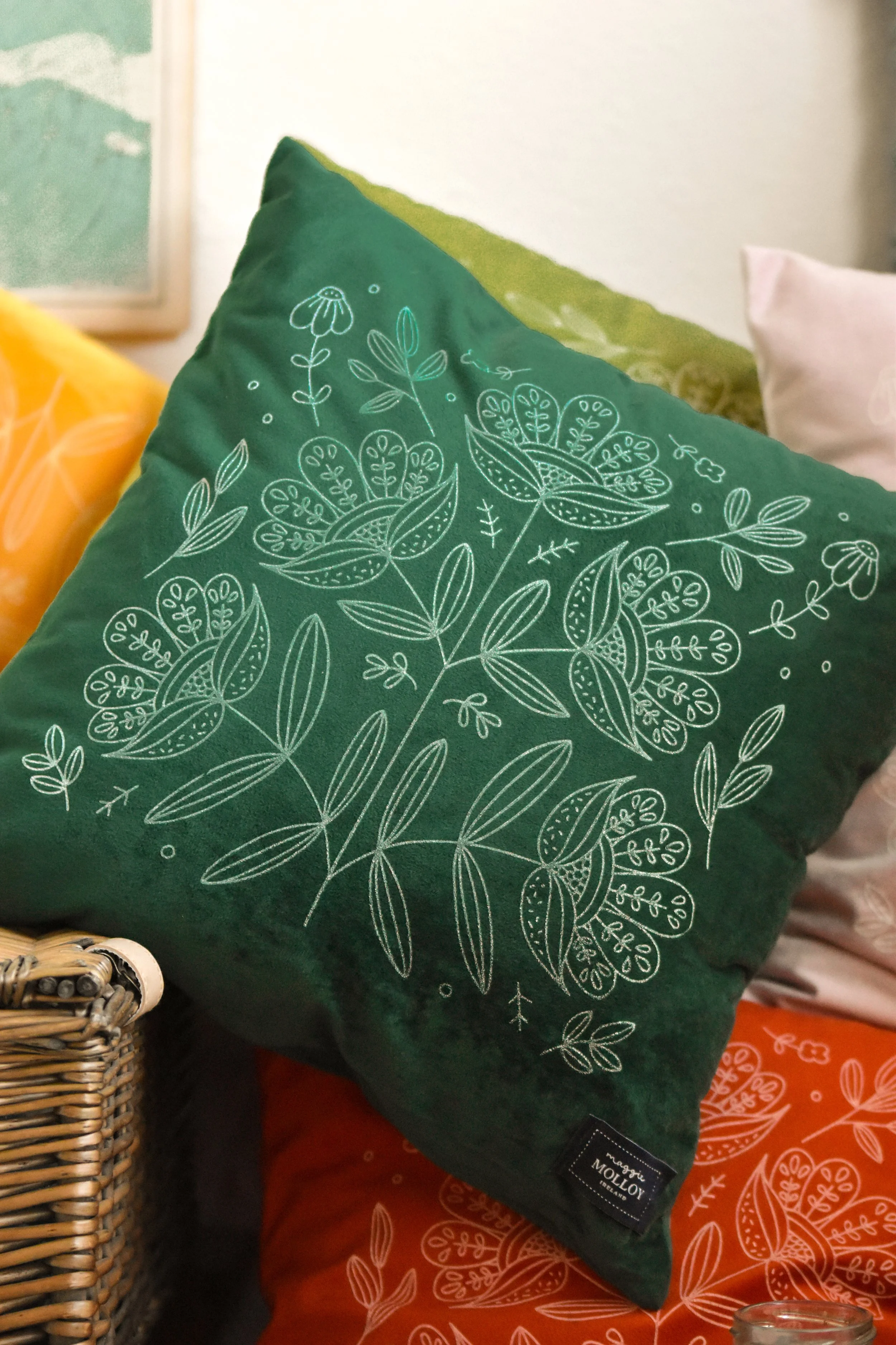 Dark Green Hand Printed Cushion Cover